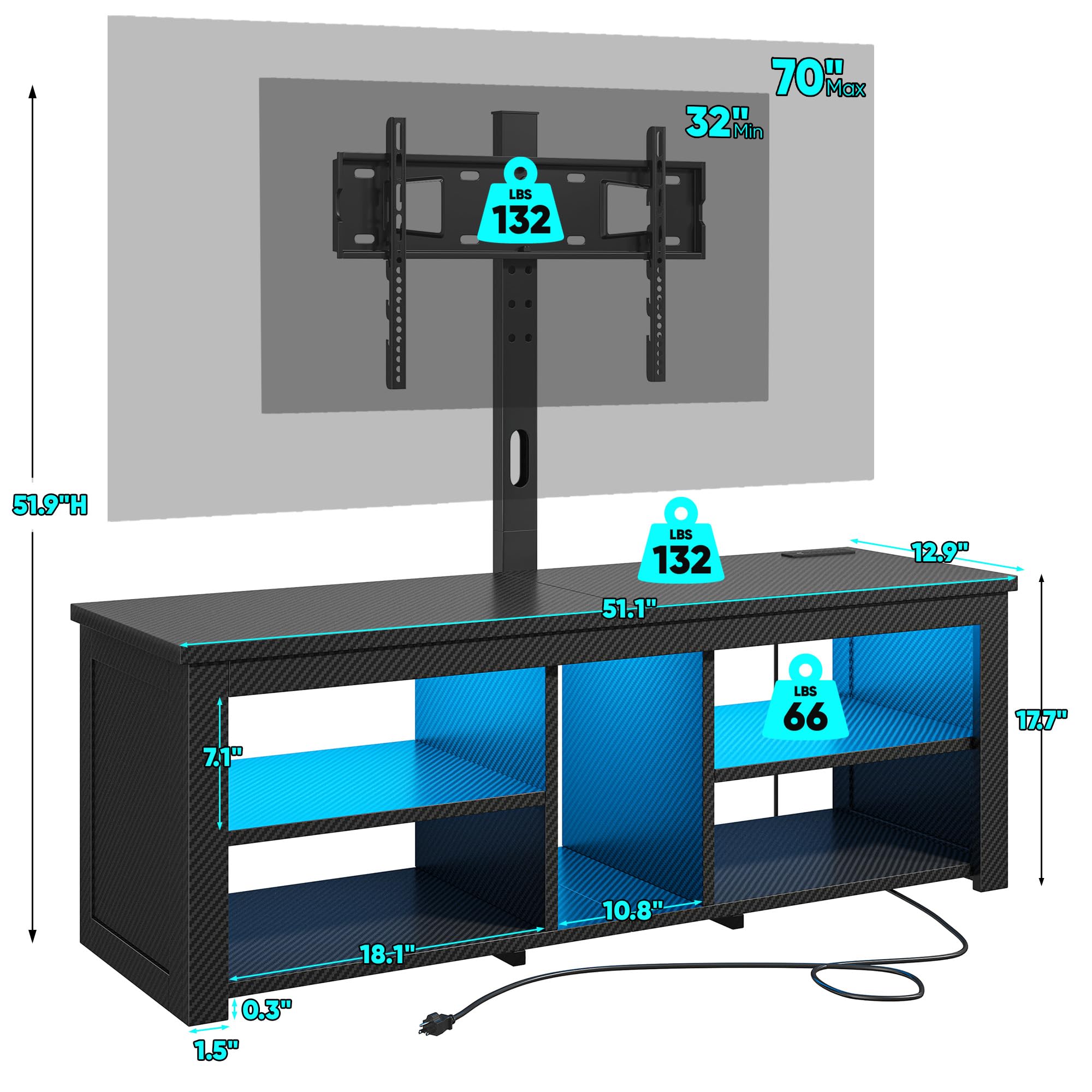 TV Stand with Mount and LED Lights Swivel TV Stand for 70 inch TV Modern Wood Entertainment Center with Power Outlet for Living Room, Gaming Console for Bedroom, Carbon Fiber Black