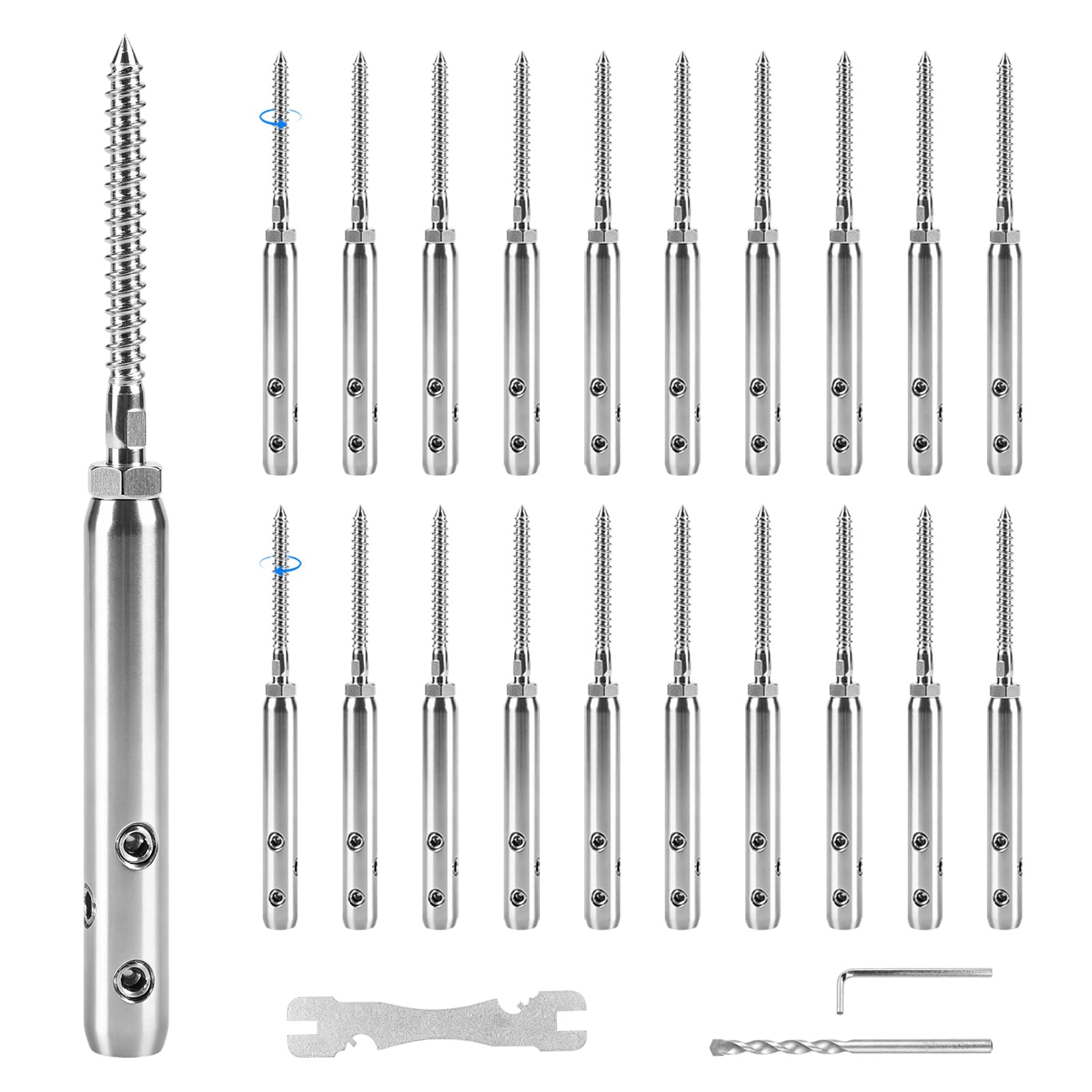 20 Pezzi Tendicavo per Cavo d'Acciaio, Tenditore del Cavo in Acciaio Inox Regolabile per Fune Metallica da 3 mm con Chiave a Brugola per Ringhiere Stendibiancheria Accessori Nautici