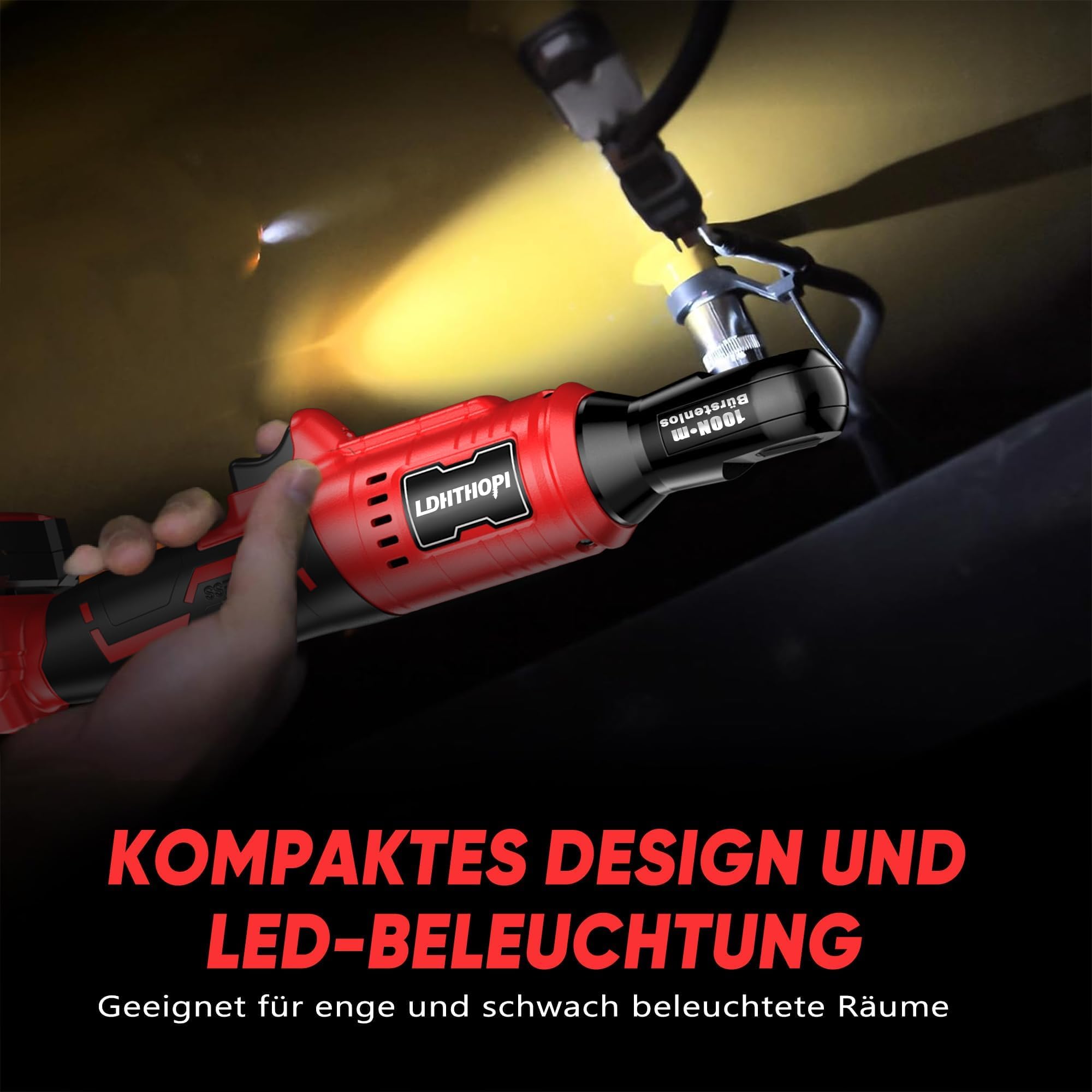 LDHTHOPI 3/8" Akku Ratsche 18V für Makita,MAX 100 Nm(75FT-LBS) Elektrische Ratsche mit LED-Licht,Rechts-/Linkslauf Ratschenschlüssel mit 1/2"-Adapter,7 Einsätzen(ohne Akku)