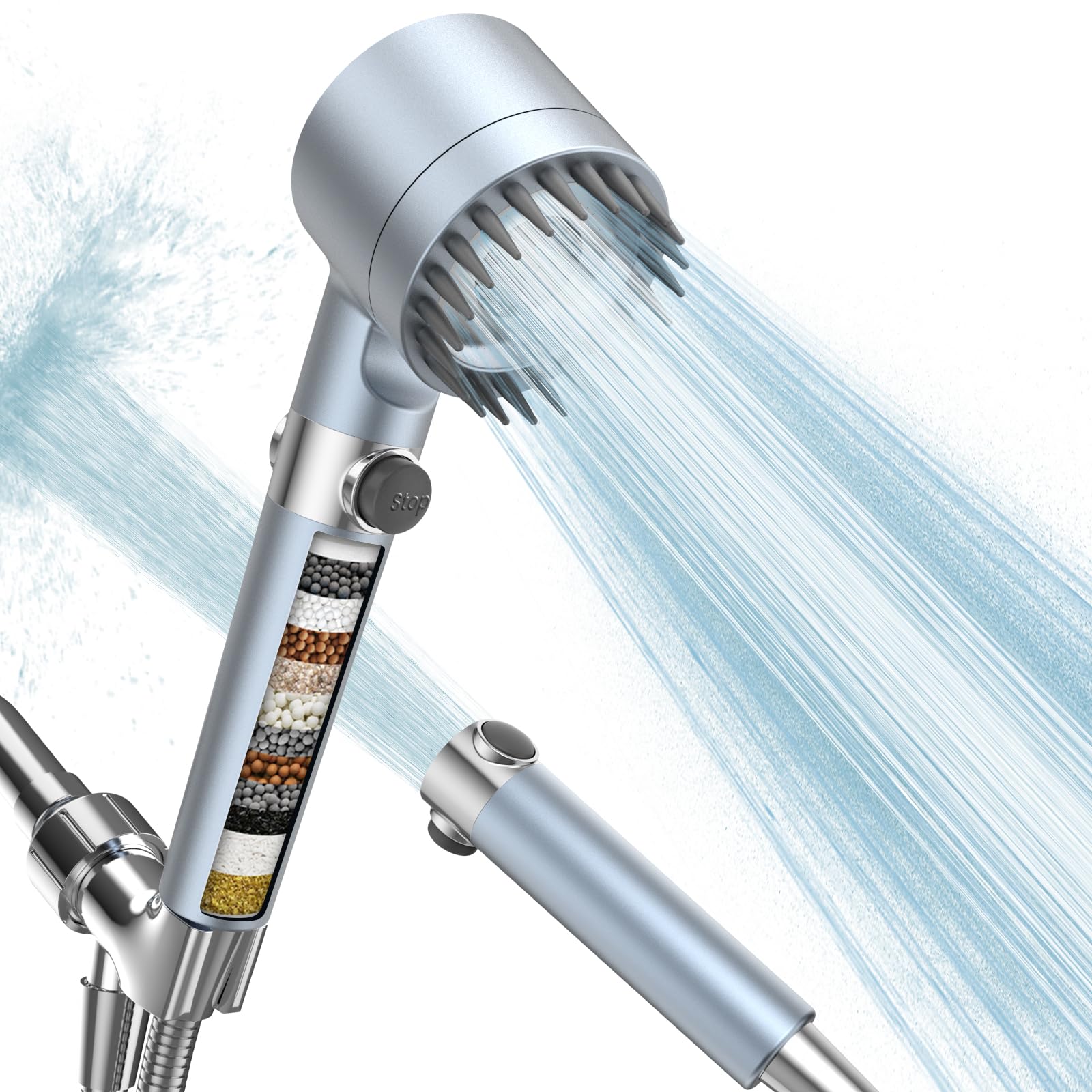 Filtered Shower Head with Handheld, High Pressure 3 Spray Mode Showerhead with 18 Stage Water Softener Filters for Hard Water - Handheld Shower Head-Remove Chlorine-BLUE