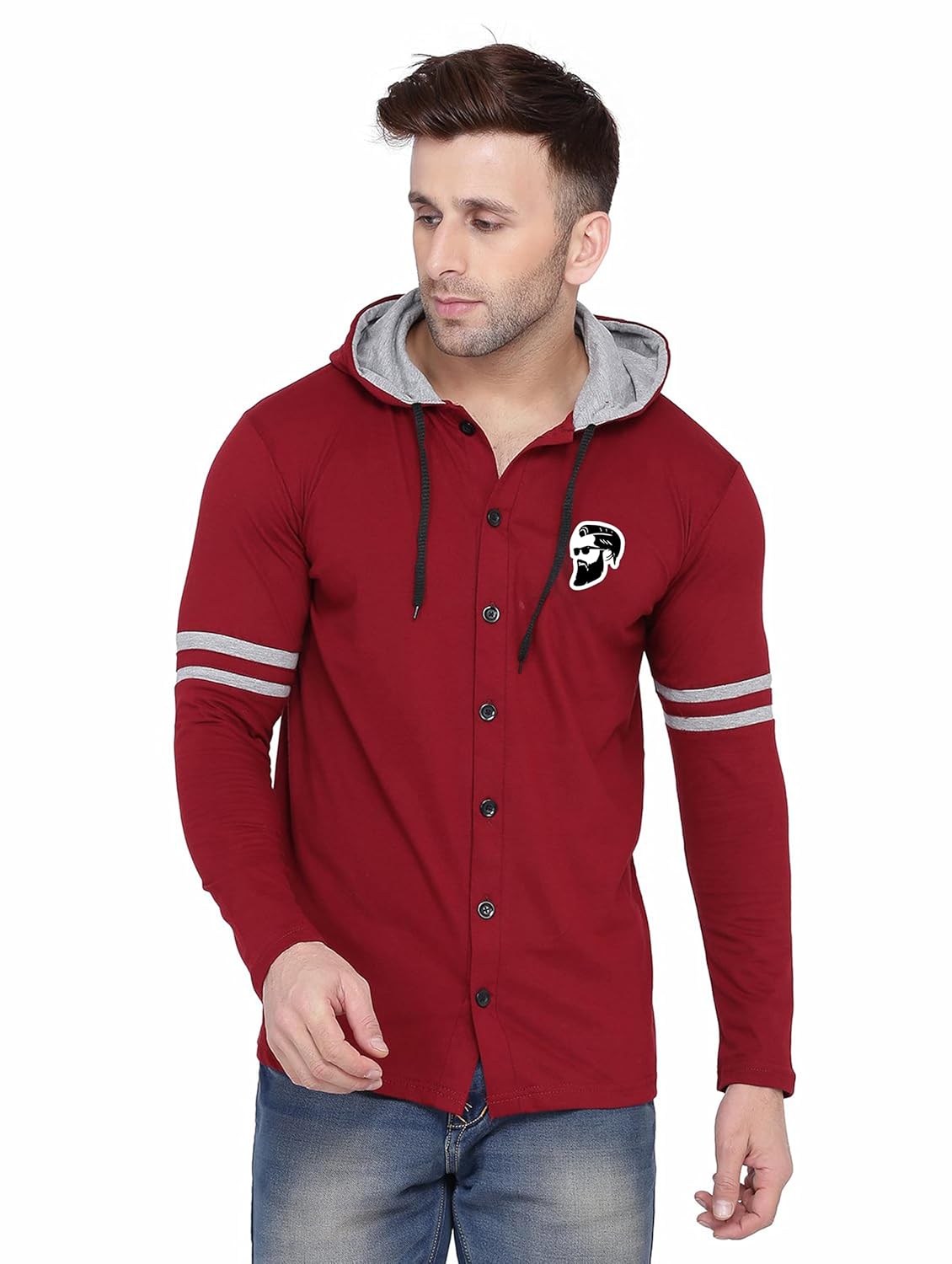 Blisstone Men’s Full Sleeve Hooded T-Shirt with Button Closure & Contrast Striped Sleeves | Stylish Cotton Blend Hoodie for Casual Wear Maroon Blisstone Men’s Full Sleeve Hooded T-Shirt with Button Closure & Contrast Striped Sleeves | Stylish Cotton Blend Hoodie for Casual Wear Maroon