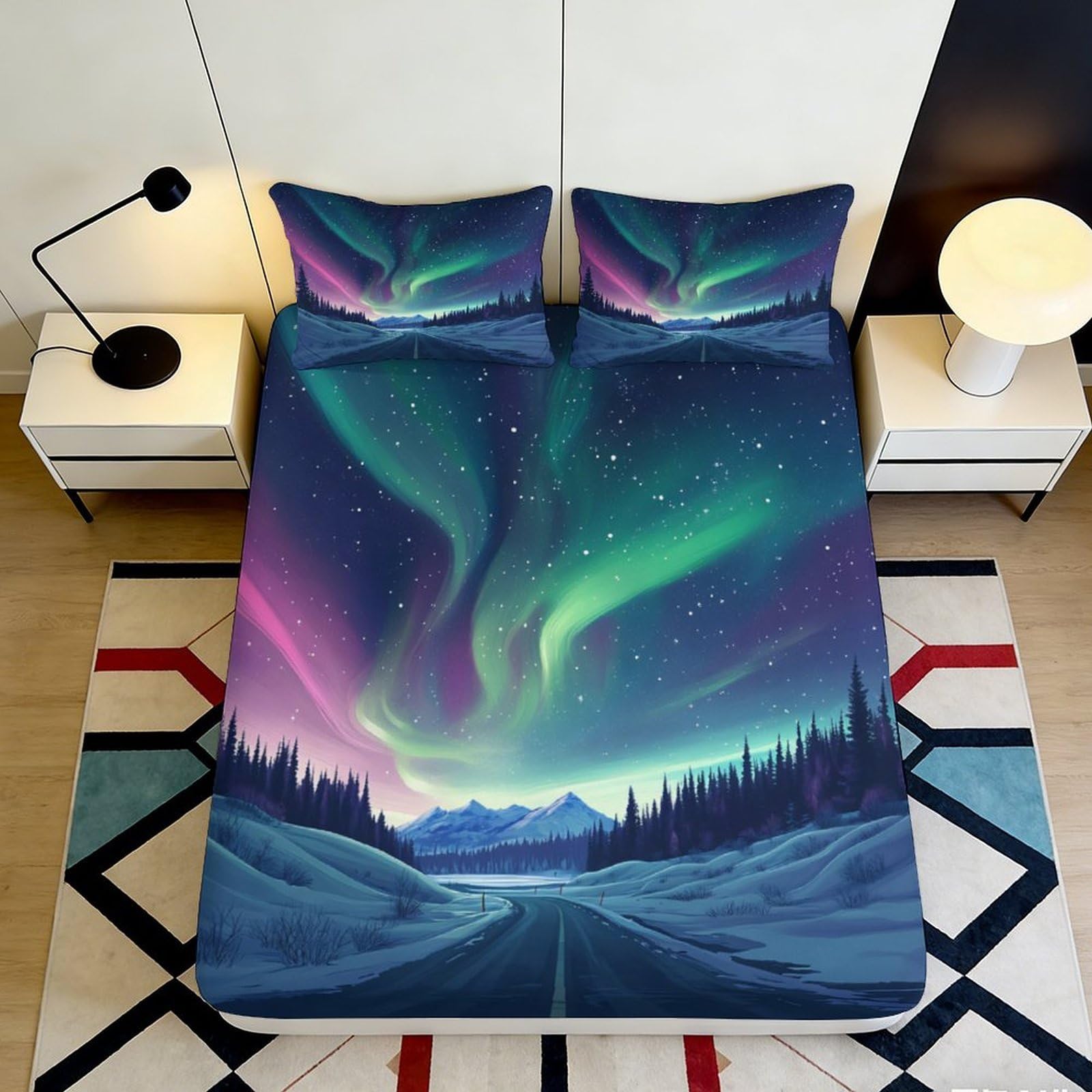 3D Printed Aurora Borealis Fitted Sheet Microfiber Soft Breathable Northern Lights Mattress Cover for Bedroom Dorm Decor 90x200x25cm