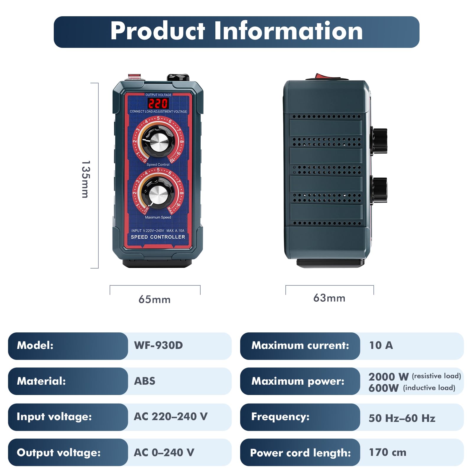 Regulador de Voltaje, Regulador de Velocidad Motor 220V 10A 2000W Controlador Velocidad Continuo con Dos Perillas Ajustable para Amoladoras angulares/Sopladoras/Taladros de mano/Ventilador extractor
