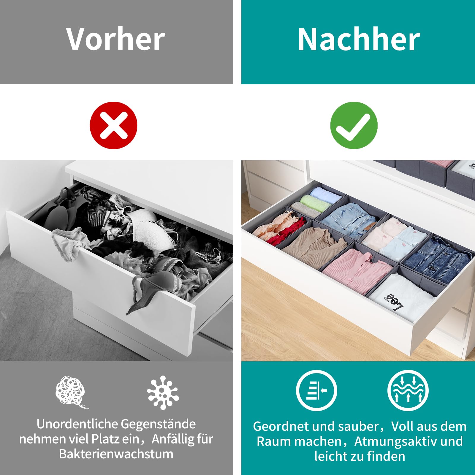 ORLISA Drawer Organiser Clothes Compatible with PAX Wardrobe 100 x 58 cm Sturdy Base, Foldable, & Robust, Set of 8, Grey - Image 4