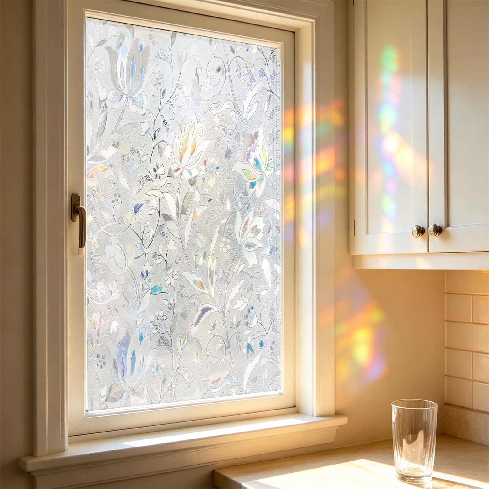Rainbow Window Film 65 x 480 cm Blocks UV Static Cling No Glue Removable Heat Cotrol, Privacy Protection, Thermal Window Vinyl Glass Covering Privacy Film for Kitchen, tulip