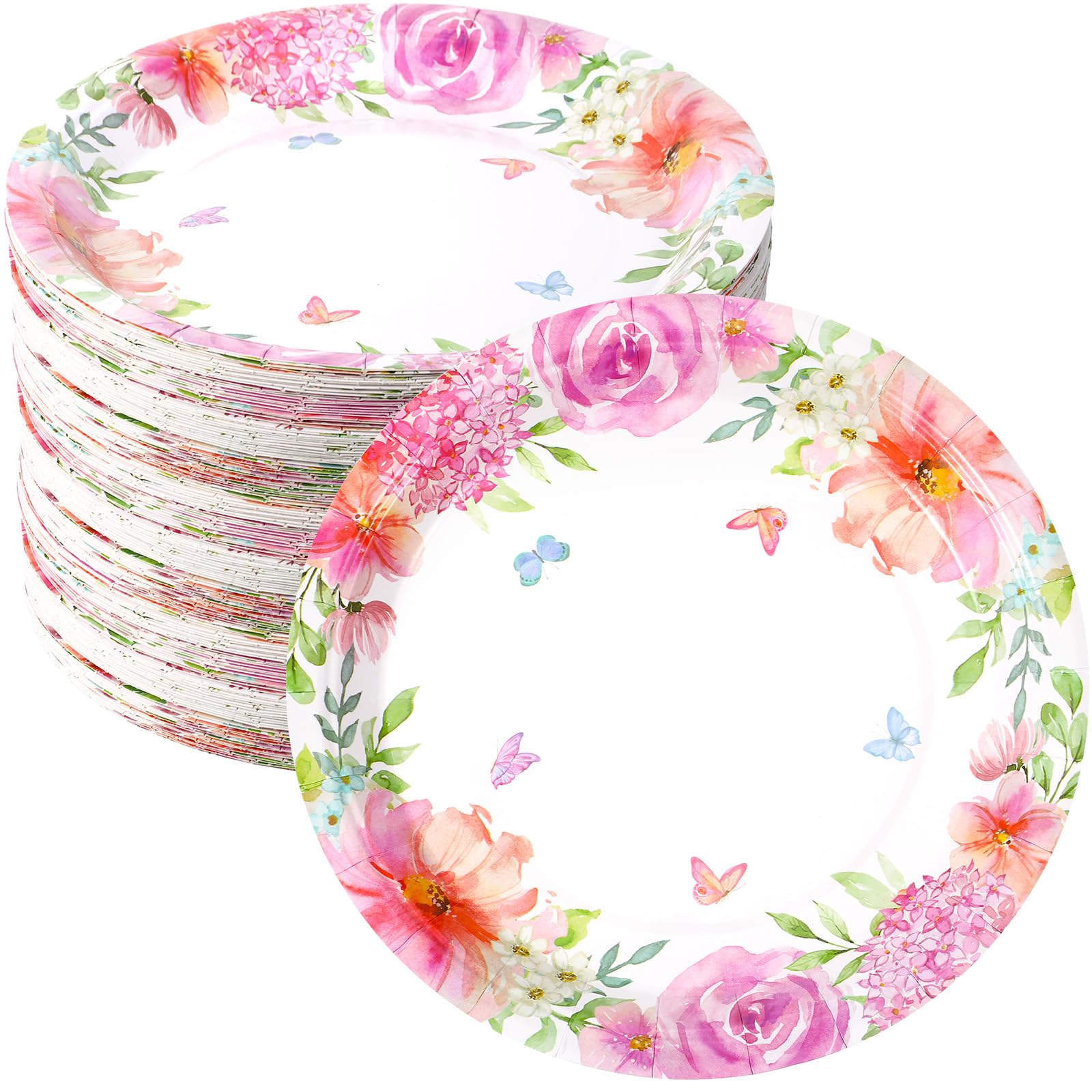 Sunnyray 100 Pieces Spring Floral Paper Plates 9 Inch Pink Disposable Floral Plates Tea Party Supplies Dinnerware for Garden Wedding Birthday Baby Shower Bridal Shower