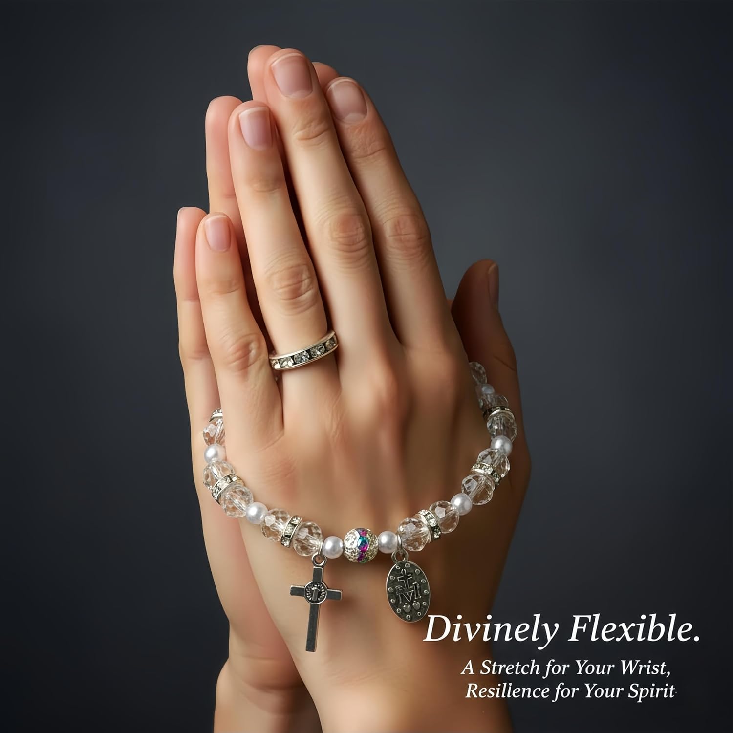 Crystal Pearl Catholic Bracelet for Women Girls, Clear Bead Stretch Rosary Style Bracelet with Crucifix & Miraculous Medal, Religious Jewelry Gift for Confirmation & First Communion - Image 4