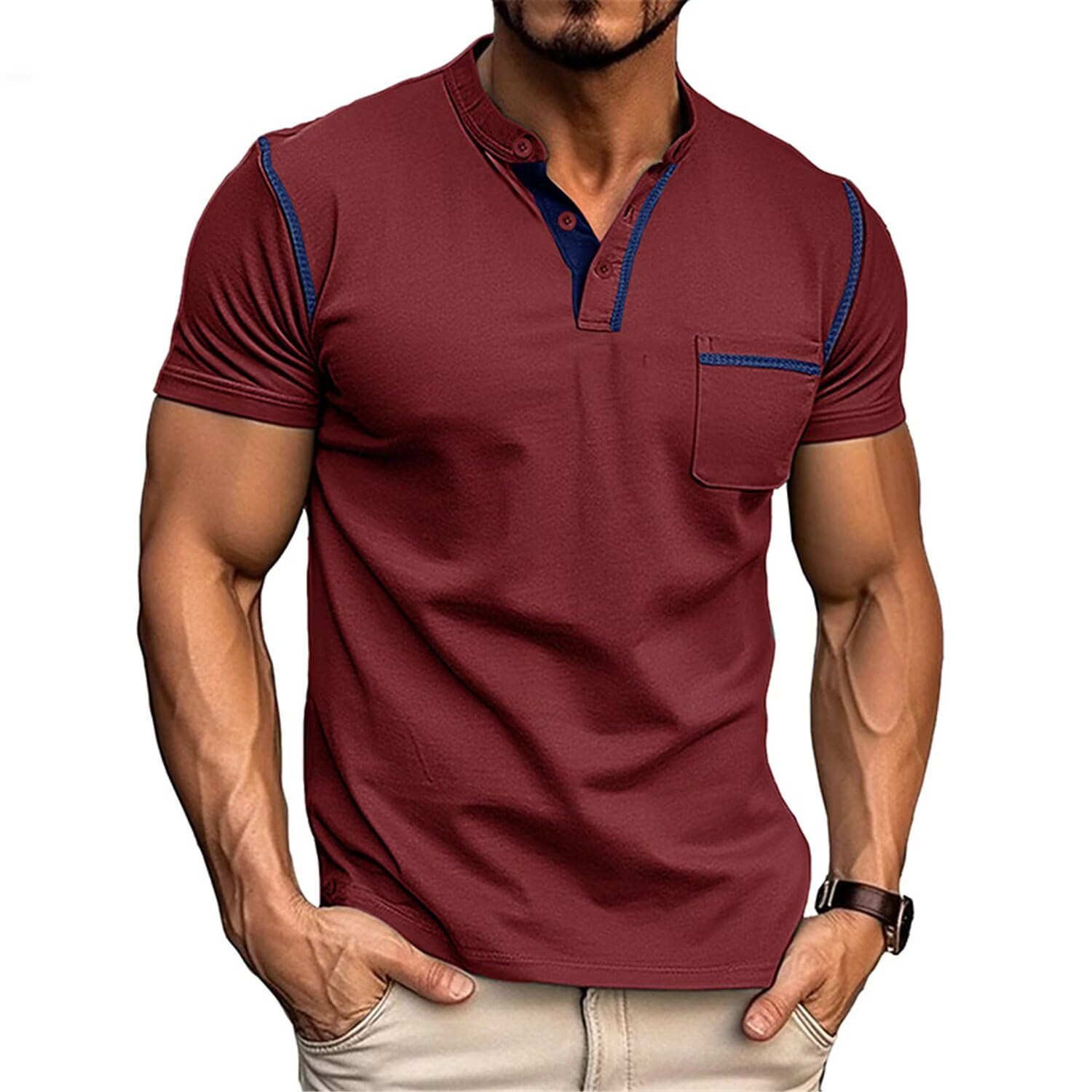 Camisa Henley Ligera de Manga Corta para Hombre, Casual, Elegante, con Botones, de algodón, Rojo Vino, Small