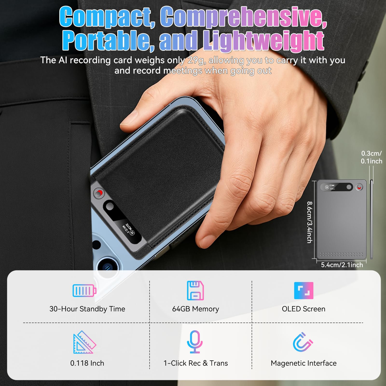 Registratore Vocale AI Tascabile 118+ Lingue Trascrizione & Traduzione in Tempo Reale 64GB Registratore Audio Digitale con Convertitore Testo Sintesi Intelligente per Appunti Riunioni