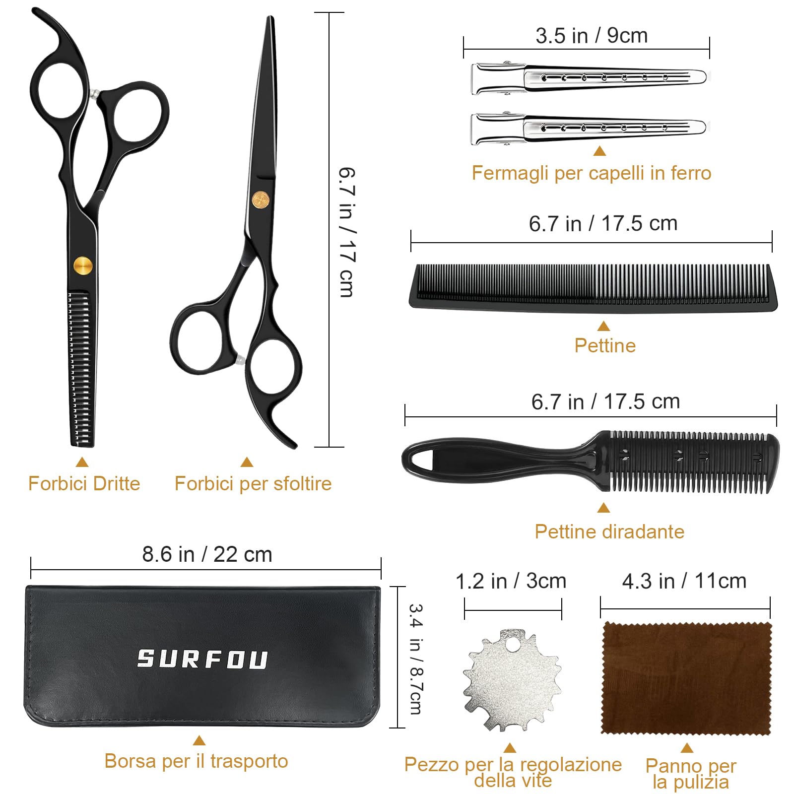 SURFOU Forbici Parrucchiere Professionali, Forbici sfoltenti da 6,7 pollici-In acciaio inossidabile, Set da 9 pezzi con pettine, Adatto per uomini/donne/pets/uso domestico e saloni, Nero