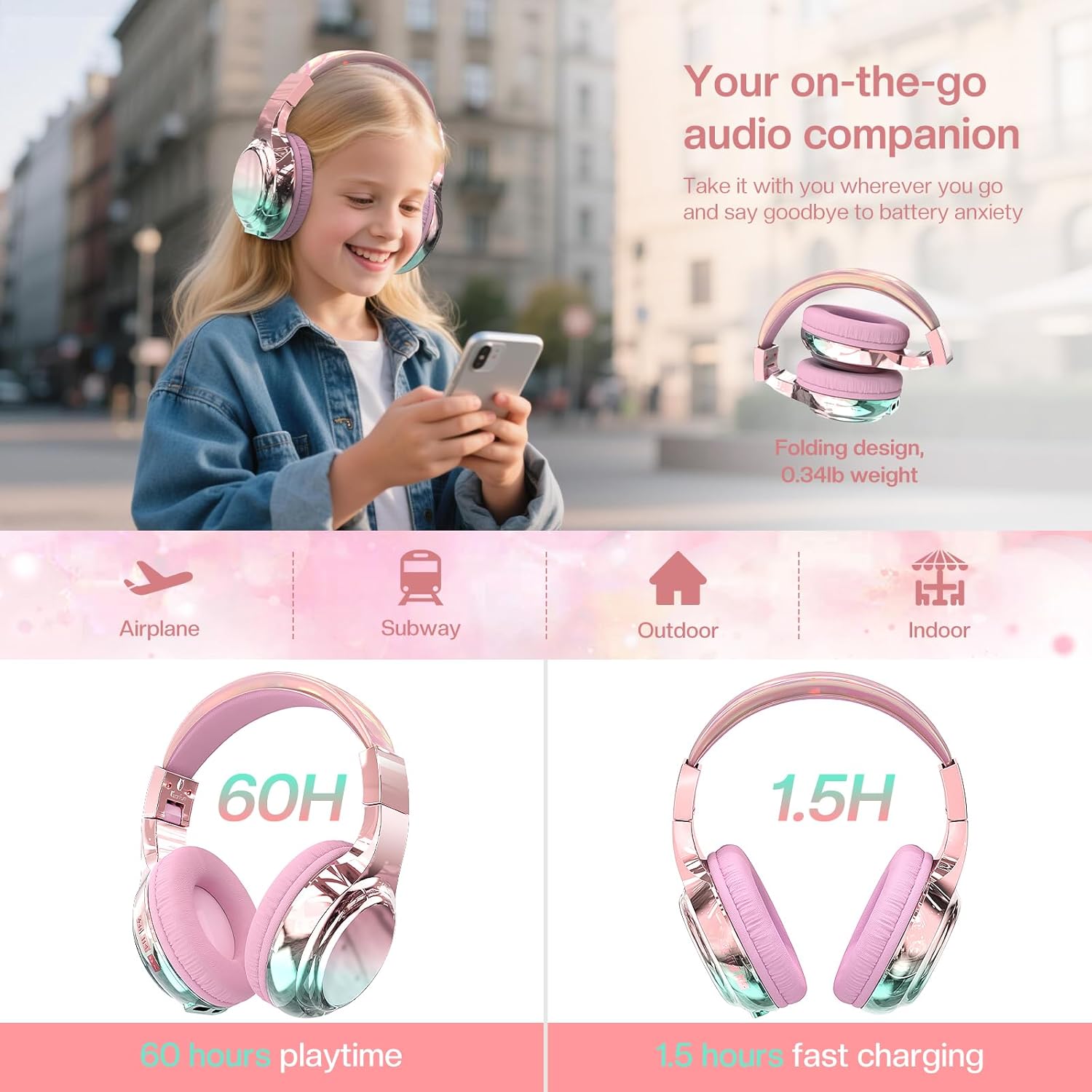 QearFun Kids Bluetooth Headphones, 60H Playtime, 74/85/94dB Safe Volume Limit, Metallic Gradient Wireless Headset with HD Mic, Fast Charging, Foldable, Wired 3.5mm Mode for School/Tablet/Travels