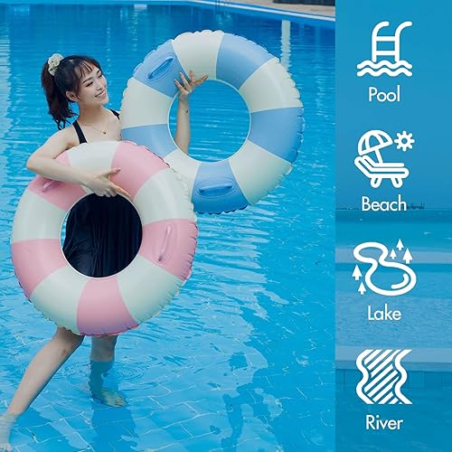 Miniatura 5 de Anillo de natación grande con asas para adultos, tubos interiores de piscina clásicos a rayas, flotadores inflables para adultos, flotadores de