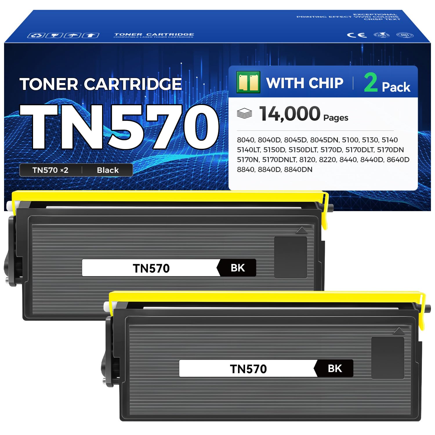 TN570 Toner Cartridge Black 2-Pack High Yield Replacement for Brother TN-570 TN540 Compatible with Brother HL-5100 HL-5140 HL-5150D 5170N MFC-8120 8220 8840 8840DN 8640D DCP-8040 8045D Laser Printer