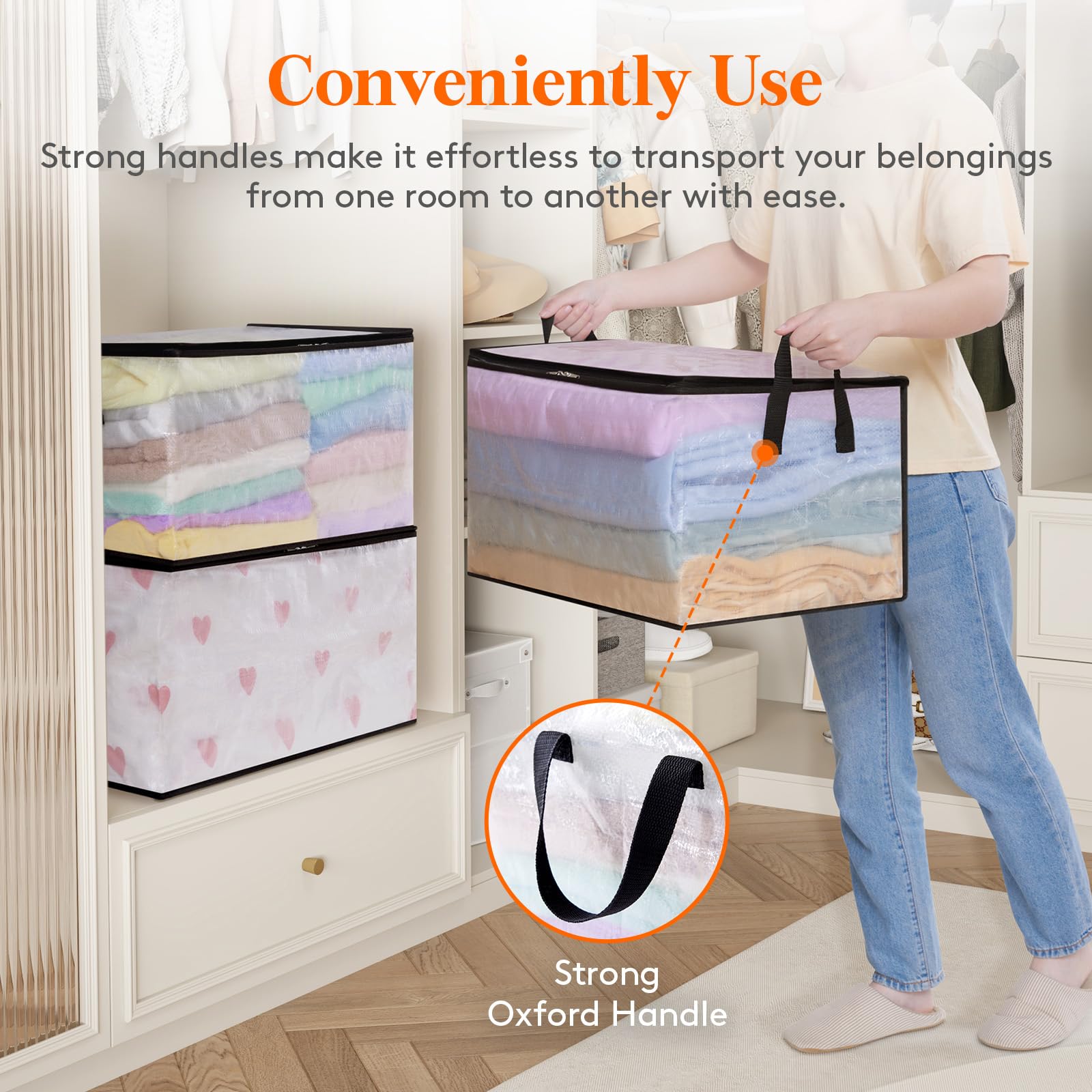 Lifewit Bolsas para Guardar Ropa Transparentes, Bolsas Almacenaje Ropa con Asas, Cajas Almacenaje Plegable de PP, Organizador Armario para Mantas, Ropa, Juguetes, Mudanza, 60 L, 4 Piezas