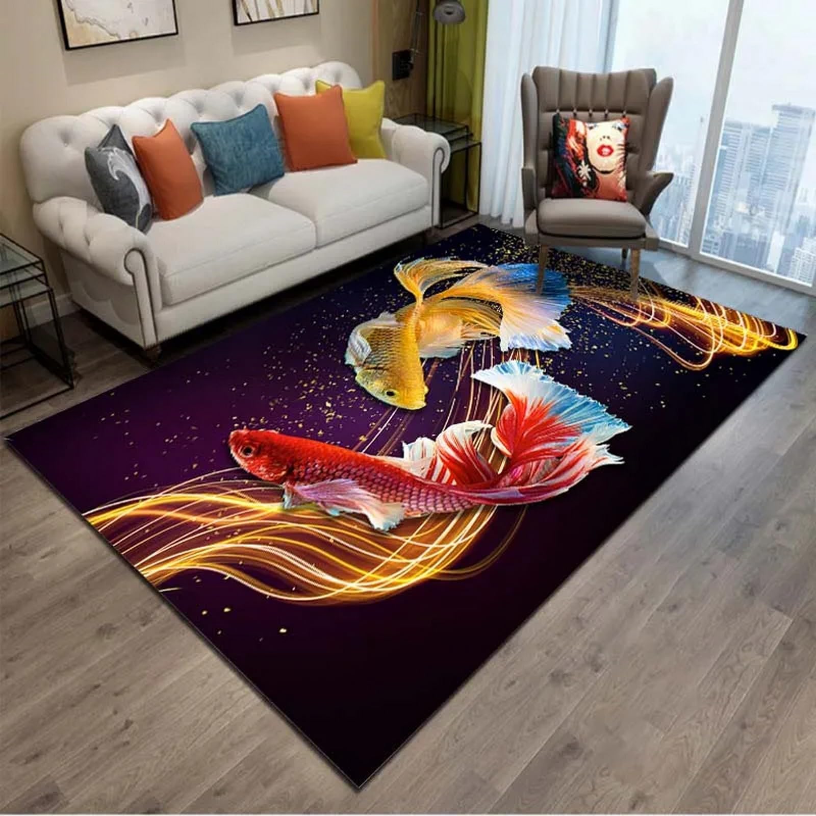 Tapis de chambre animaux poissons 3D en mousse à mémoire douce 120 x 160 cm