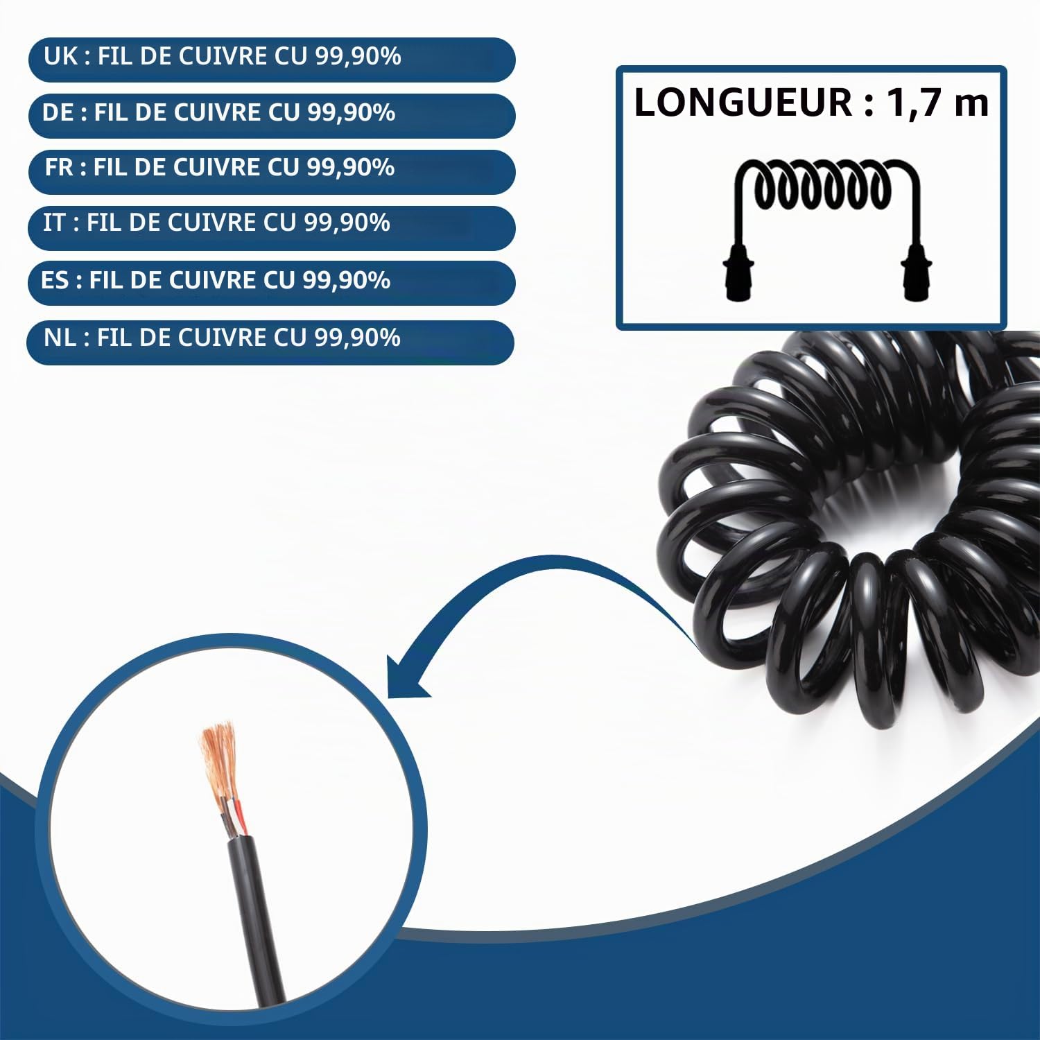 1,7 Mètres Rallonge Spirale Câble Remorque 7 Broches, Norme ISO 1724, Prise Remorque 7 Broches Male a Femelle, Câble Cuivre Pur, pour Véhicules Européens Remorque Yacht Porte-Vélos 12V/24V