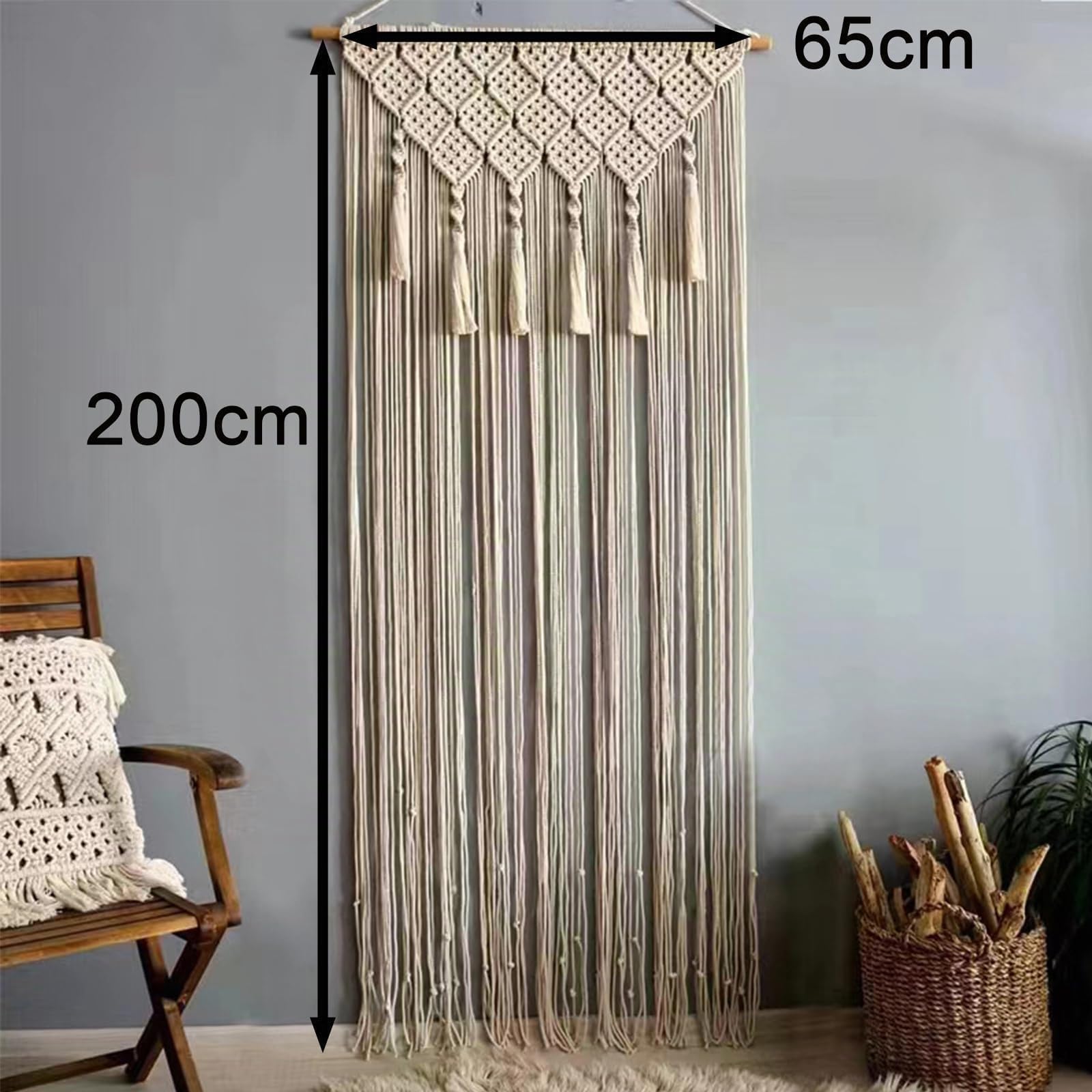 NIYATA Gran tapicería bohemia, beige, estilo bohemio, 65 x 200 cm, cortina de puerta, cortina de ventana, cortina de macramé