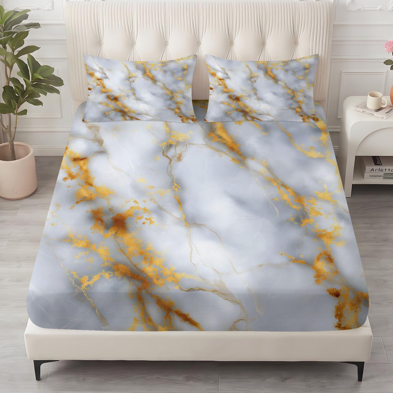Spannbettlaken Abstrakt Bettlaken 140 x 200 cm Weiche Atmungsaktive Mikrofaser - Grau MarmorMuster Mineralien Spannbetttuch für Boxspringbett & Wasserbett Schlafzimmer Dekor, Steghöhe 30 cm