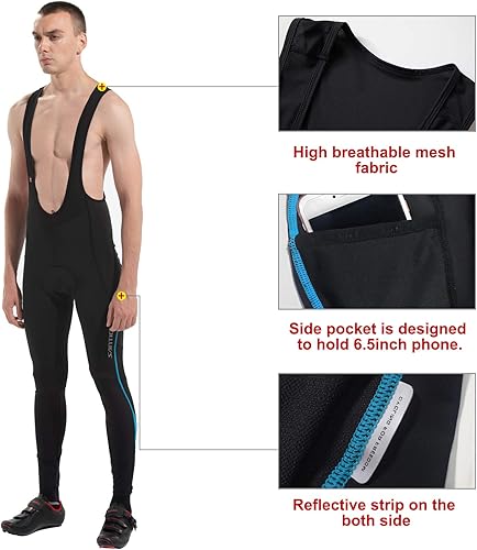 Miniatura 3 de Santic Mallas con pechera de ciclismo para hombre, pantalones largos acolchados con bolsillo