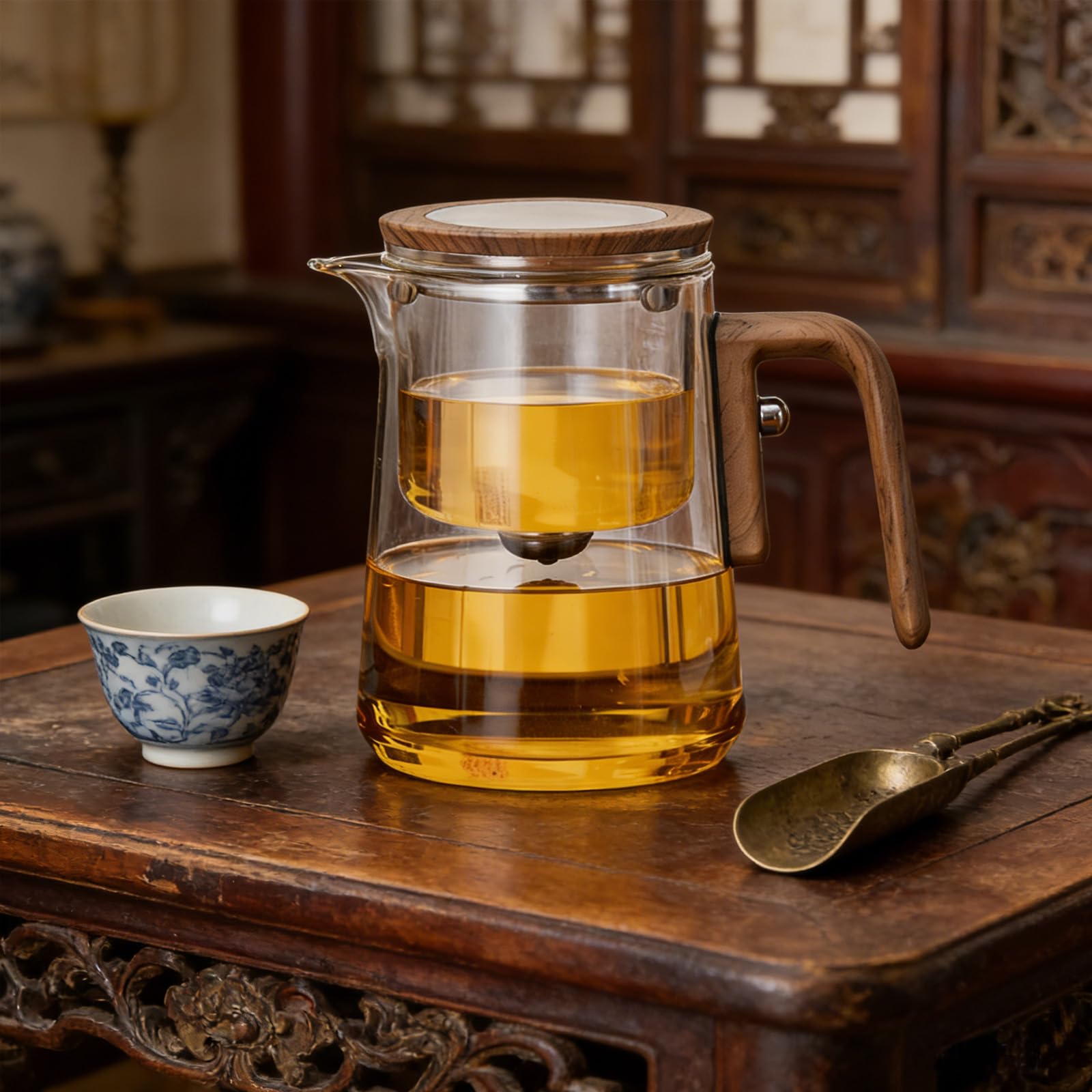 Théière Magique en Verre avec Séparation d'eau,Theiere en Verre Borosilicate avec Infuseur,théière pour Thé en Feuilles manche en bois de noyer,cadeaux pour les amateurs de thé (800, Millilitres)