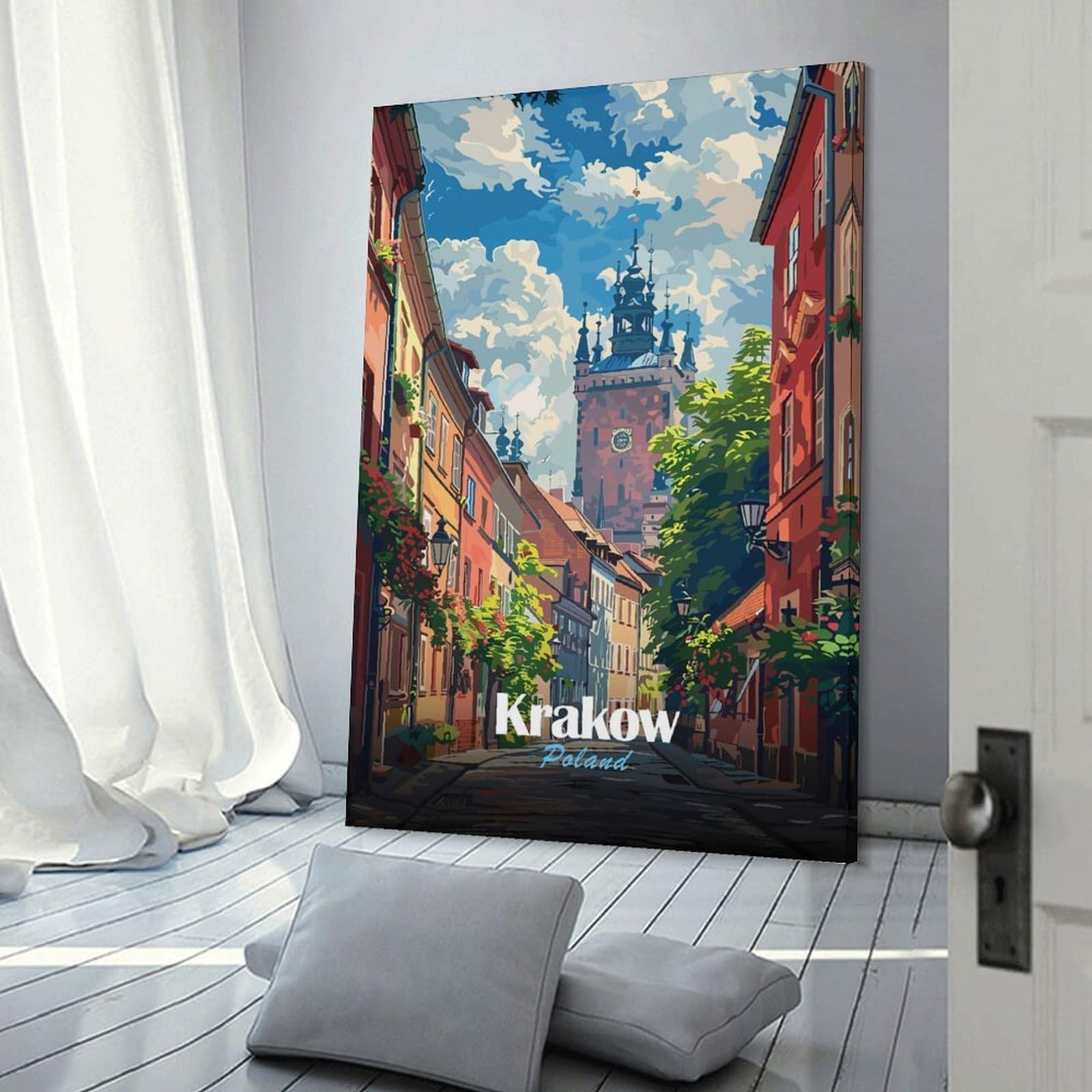 Junmoney Canvas Art Print Krakow, Poland Street View, 20x30inch(50x75cm), for New Homes, Bedrooms Or Workspaces, Thoughtful Wall Decor for Art Lovers