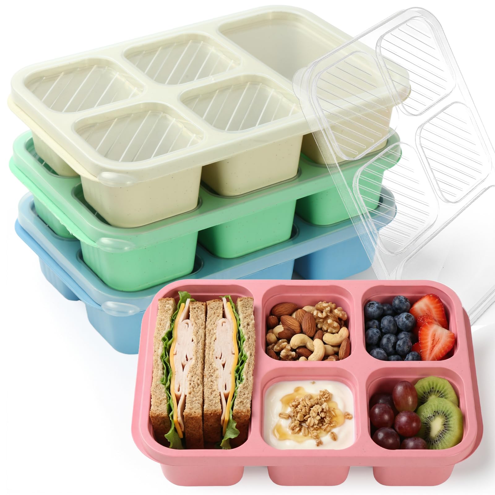 Kryndle 4 Pack Snack Box, 5 Compartments Stackable Bento Lunch Box for Kids Adults, Reusable Food Storage Container for School, Office, Travel and Picnic — image 1