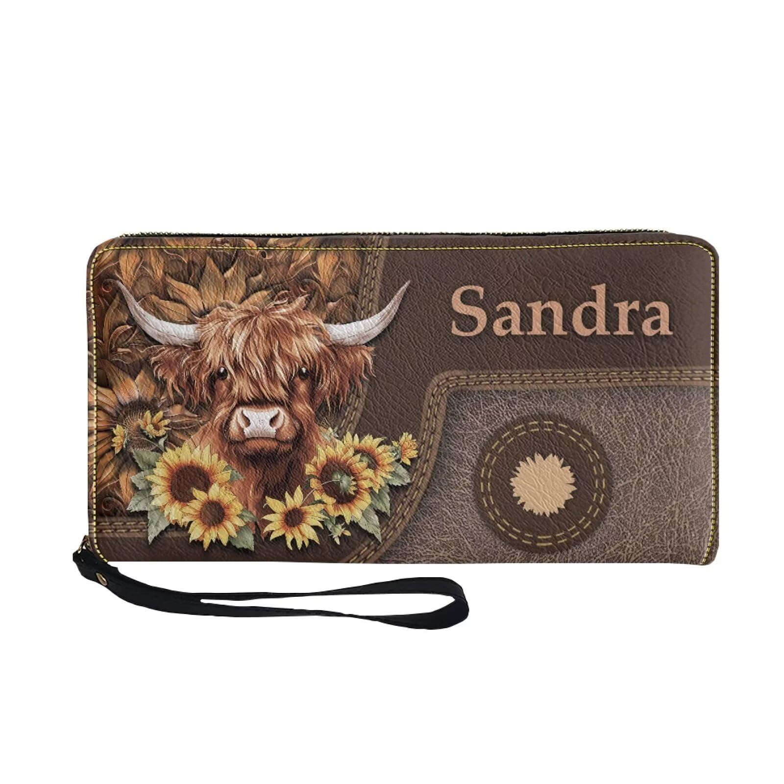 Bulopur Womens Wallet Wristlet Custom Name Sunflower Highland Cow Print Slim Purse Wallet Small Wallets For Women Coin Purse Id Card Holder Clutch RFID Long Wallets With Slots Zipper Around