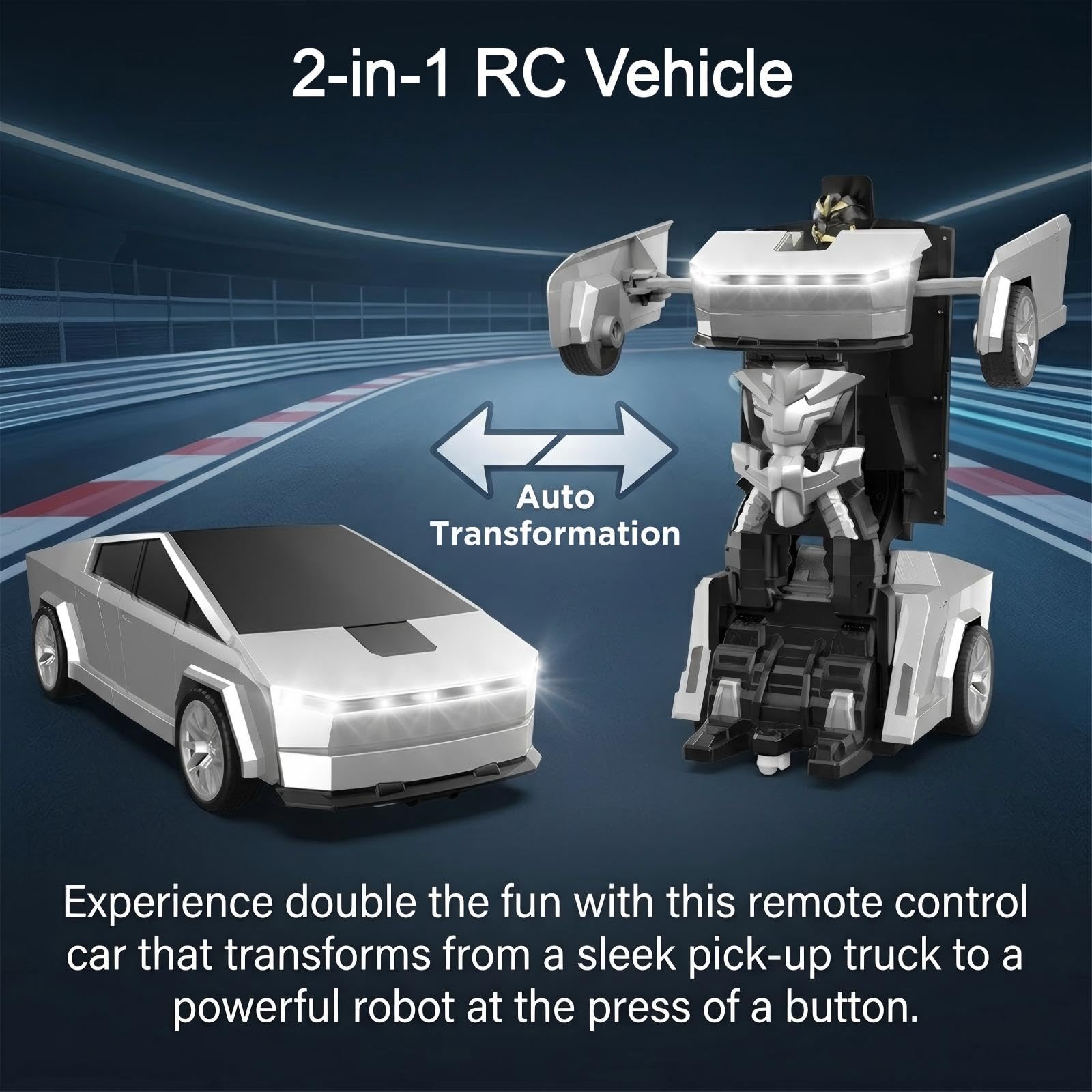 Coche Teledirigido 2-en-1 Transformable Robot – Deformación Automática, Rotación 360° Deriva, Tecnología 2.4G Hz Multijugador, Efectos Luminosos, Recargable