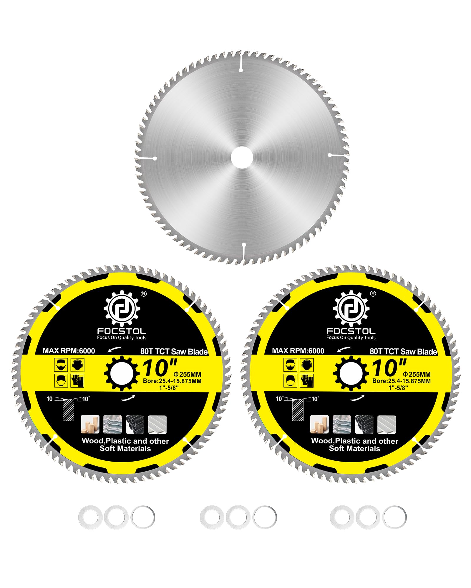 FOCSTOL Wood Cutting Circular Saw Blade 255mm - 3pcs 80 Teeth TCT Cutting Blade for Wood, Plywood, Particle Board, Plastics and Other Soft Materials
