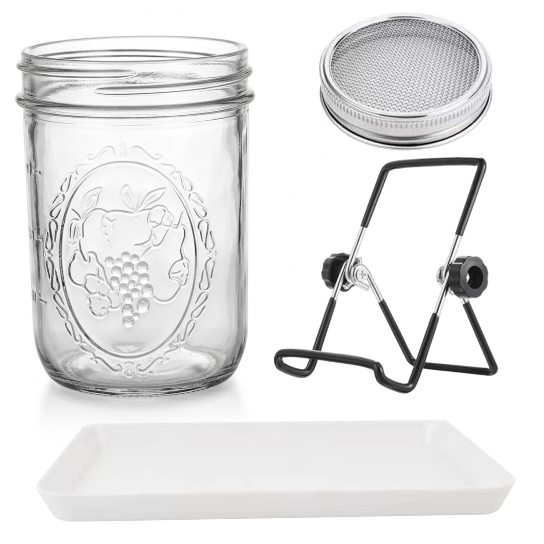 Monwssoe White Sprouting Jar Kit, 500Ml Wide-Mouth Glass Sprout Jars With Stainless Steel Lid & Stand For Easy Sprouts Growing Kit, Complete Set For Bean & Seed Sprouting