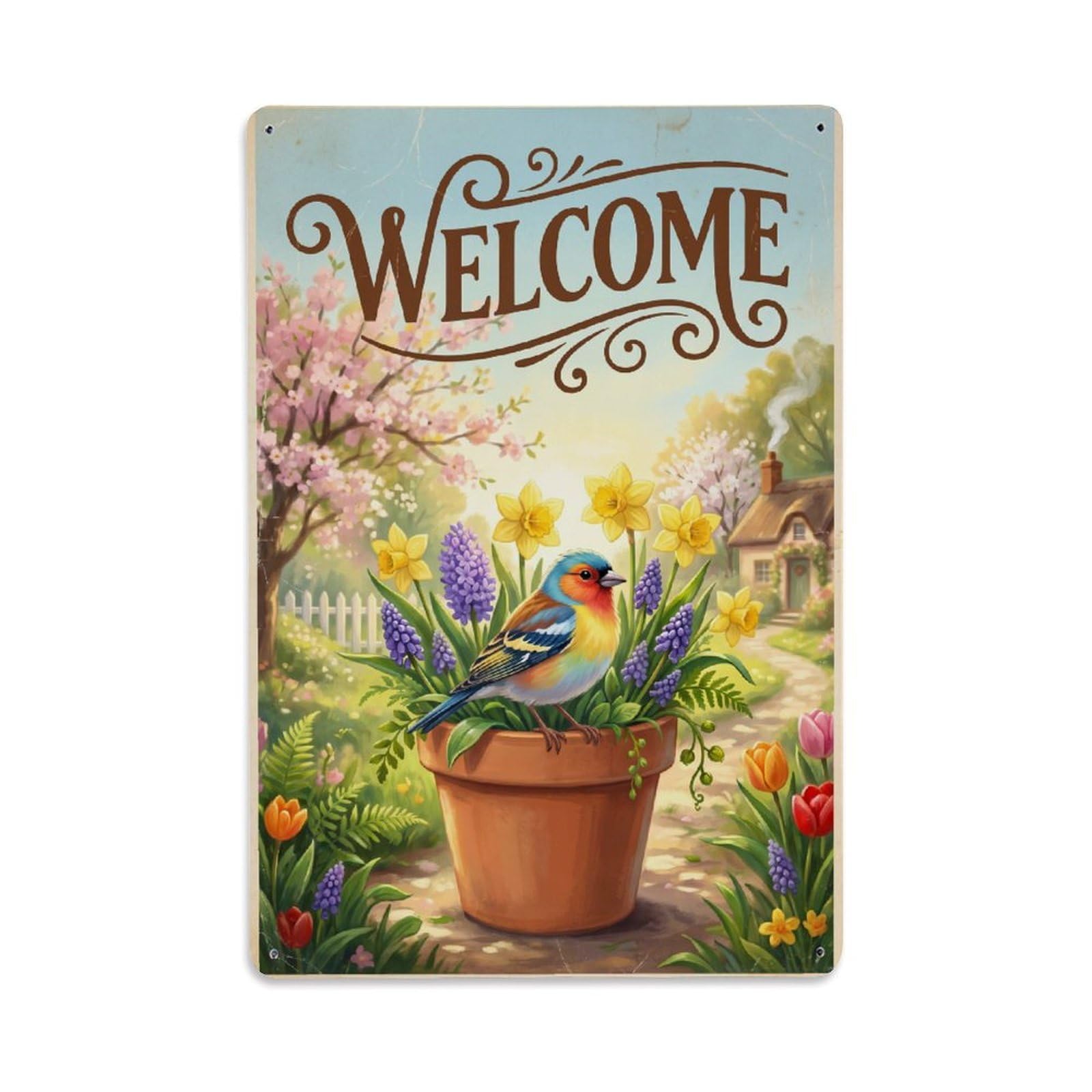 Cxhjca 8X12inch(20X30cm) Vintage Welcome Finch Petal Paradise Metal Tin Sign