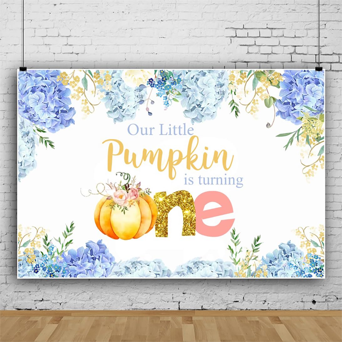 Bovlleetd Little Pumpkin is Turning One Backdrop Purple Floral Gold Glitter Spot Baby Shower Background for Girls Cake Table Banner Decorations Photobooth Supplies 8x6ft