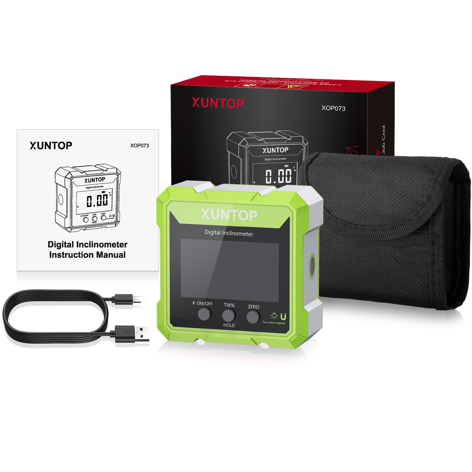 XUNTOP Inclinomètre Numérique 360° avec Laser Vert Haute Visibilité – Niveau Laser Électronique Magnétique 4 Faces, Écran VA Vert Fond Noir, USB-C Rechargeable, IP54, Outil Mesure d’Angle pour Menuise