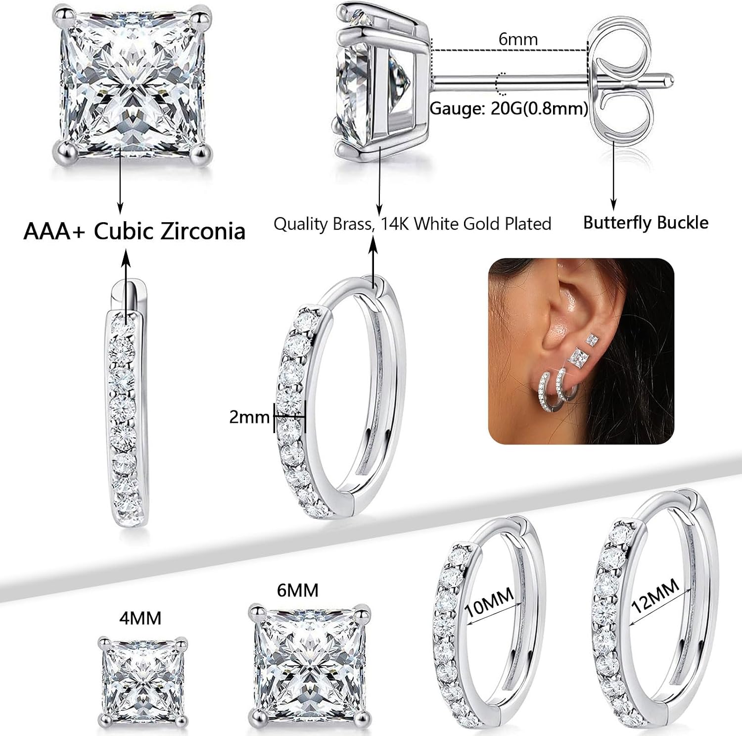 MDFUN White Gold Earrings for Women Men Hoop and Stud Earring Set