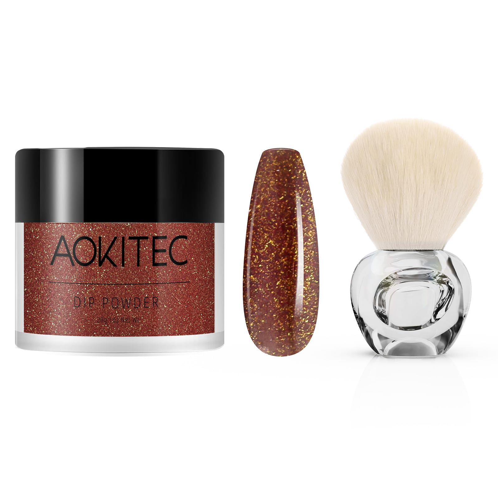 AokitecDip Powder Glitter Brown 1 Oz With Nail Dust Brush For Nail Dipping Powder Dust Powder Remover Nail Art Manicure Salon DIY at Home No Needed Nail Lamp Curing