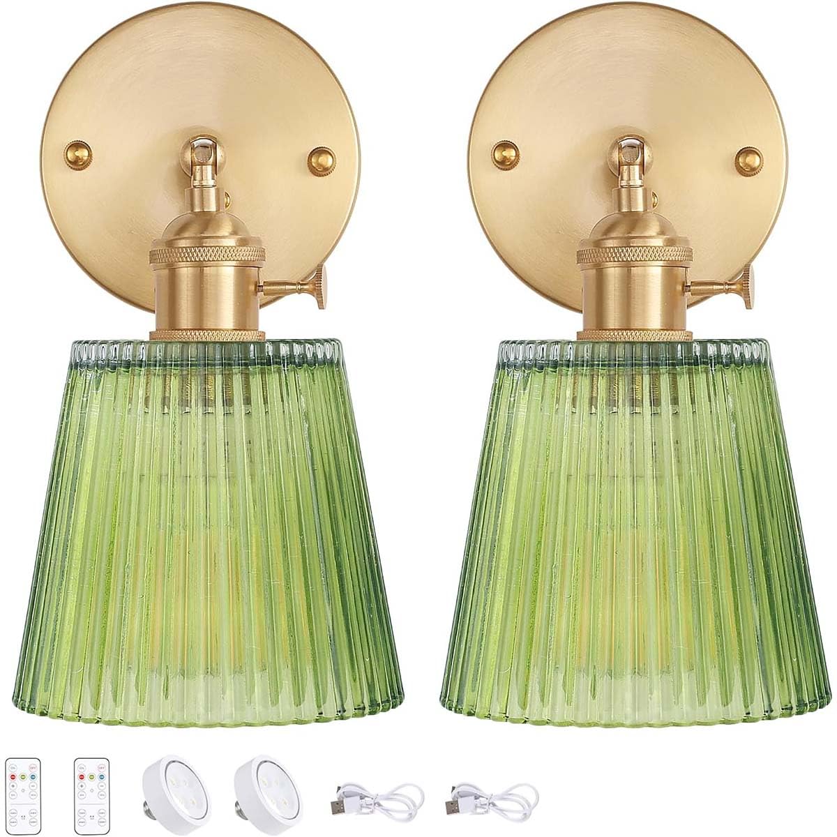 HUAYUSEDF Cordless Wall Light Rechargeable Sconce with Remote Control Dimmable Indoor Retro Gold Lamp with Glass Lampshade E27 Vintage, 2 Pieces,Grün