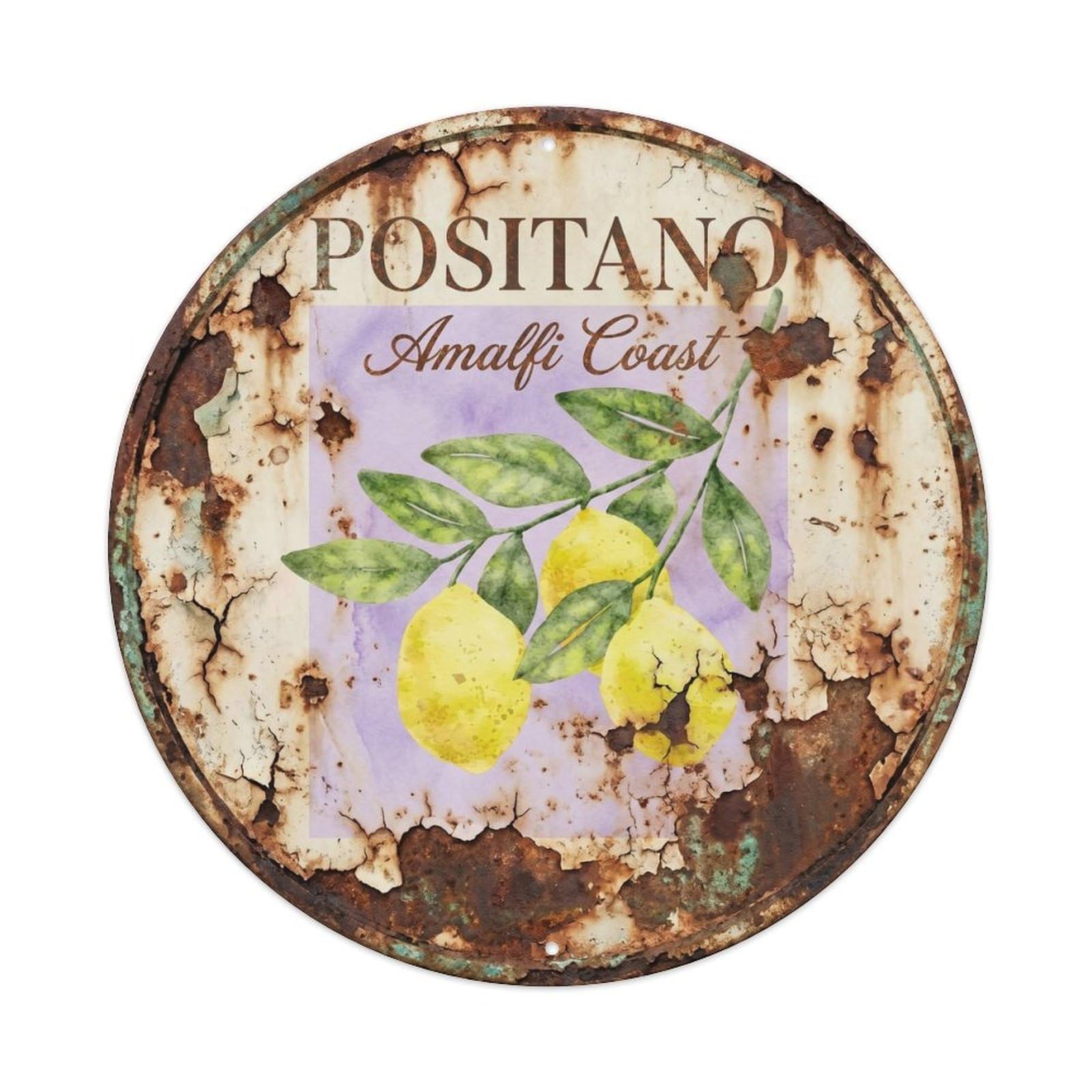 Mediterranean Label Italian Seaside Positano Retro Metal Tin Sign Plaque Wall Decor for Cafe, Man Cave, Club Bar, Office, Home Garden Round Metal Poster 8x8Inch