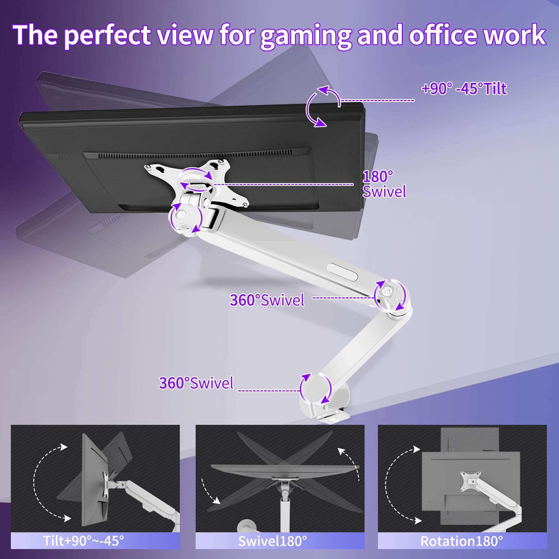 Blanco Brazo de Monitor Resorte Gas 360° 17-34 Pulgadas 9kg VESA 75x100mm 2 Montajes M5W