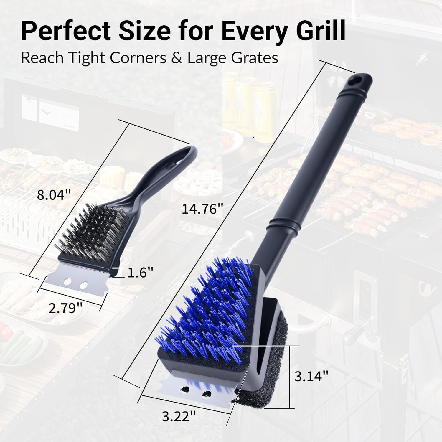 Paquete de 3 cepillos para parrilla y raspador para barbacoa, cepillo de cerdas de nailon de 14.8 pulgadas para exteriores, cepillo de limpieza de alambre de 8 pulgadas, cepillo limpiador de parrilla