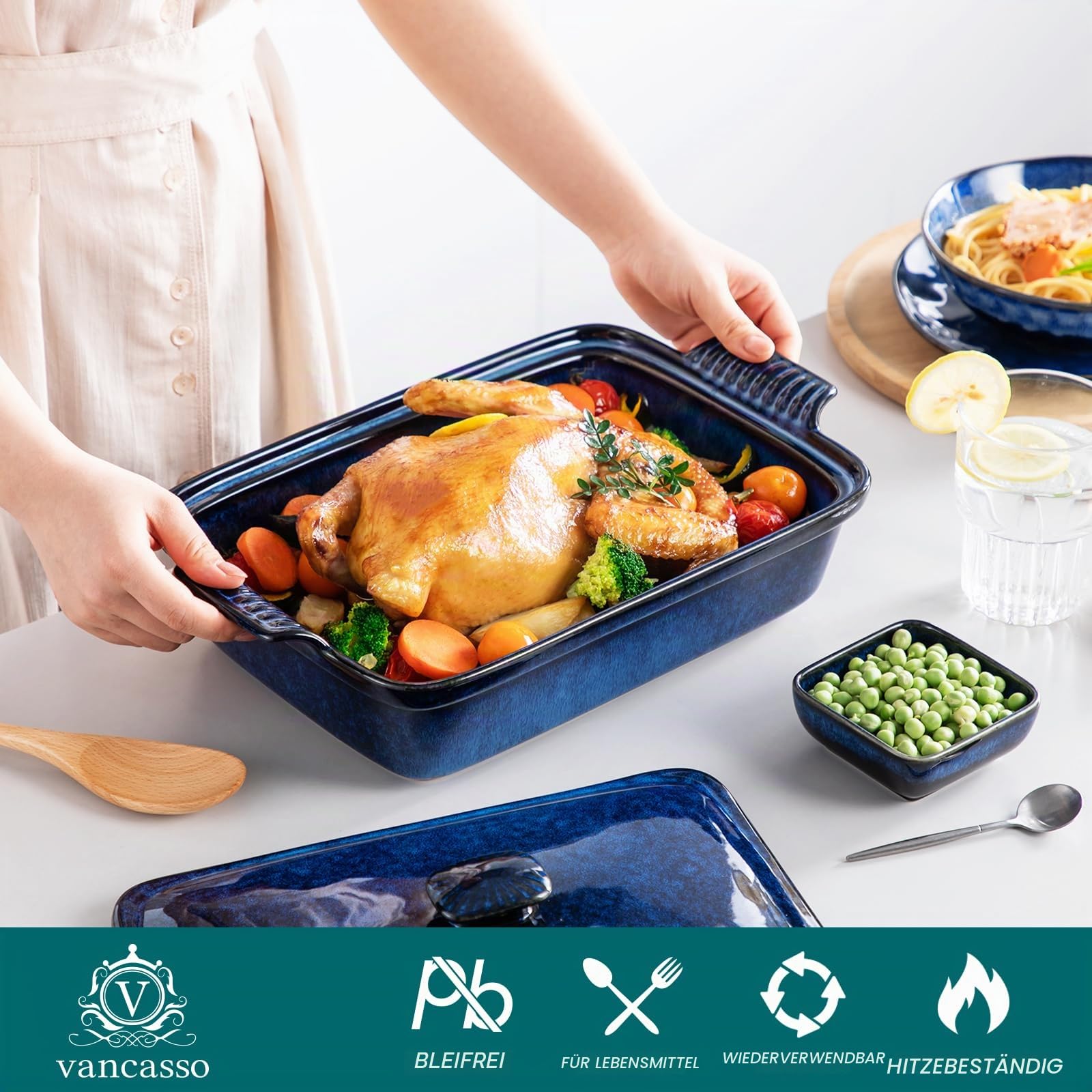 Auflaufform mit Deckel, vancasso STARRY Brotbackform aus Steingut, eckige Lasagneform Ofenform für Brot, Lasagne, Pizza Kuchen, Mikrowelle, Backofen, spülmaschinenfest