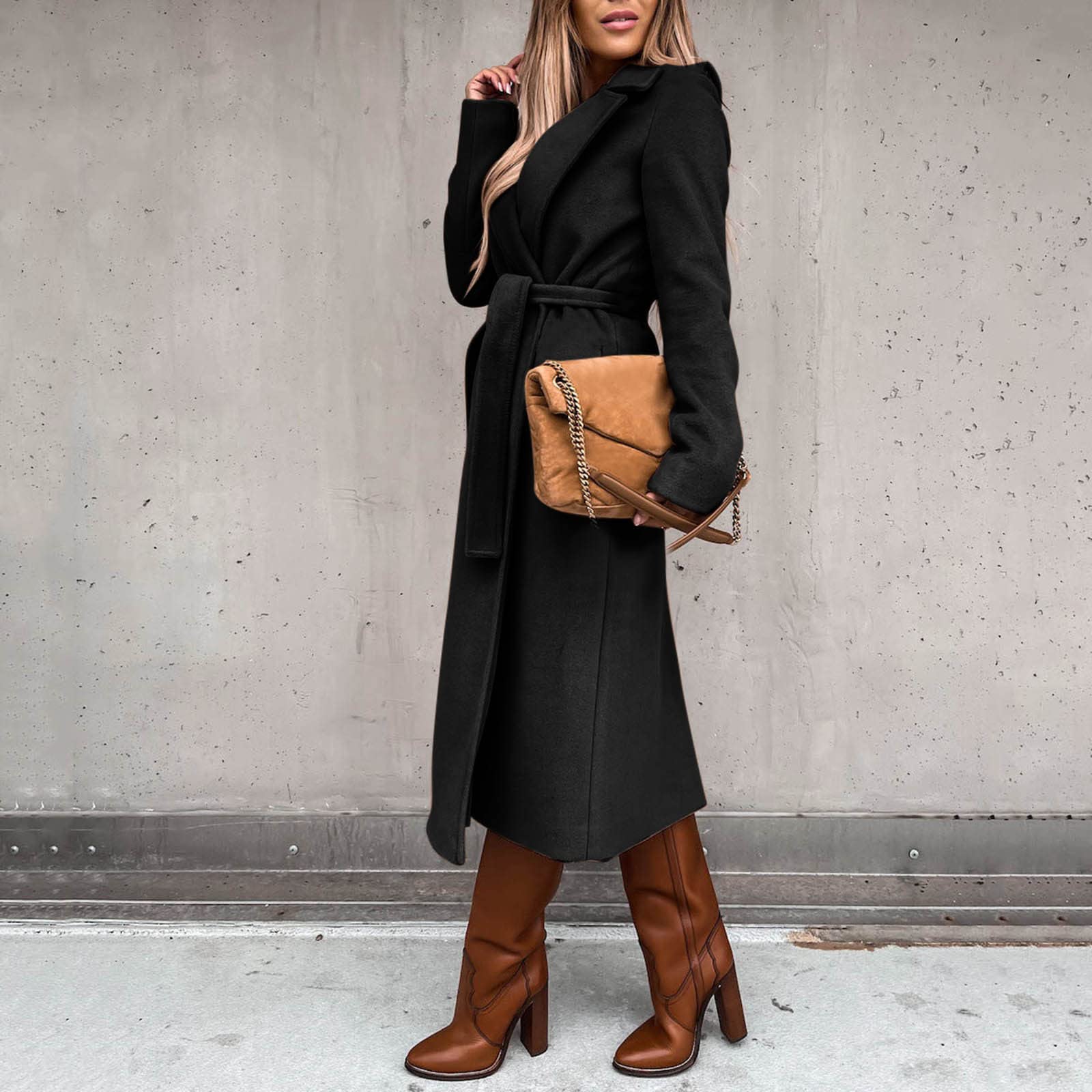 Generisch Abrigo de lana sintética de invierno para mujer, blusa, abrigo fino, chaqueta larga, cinturón largo y delgado, abrigo elegante