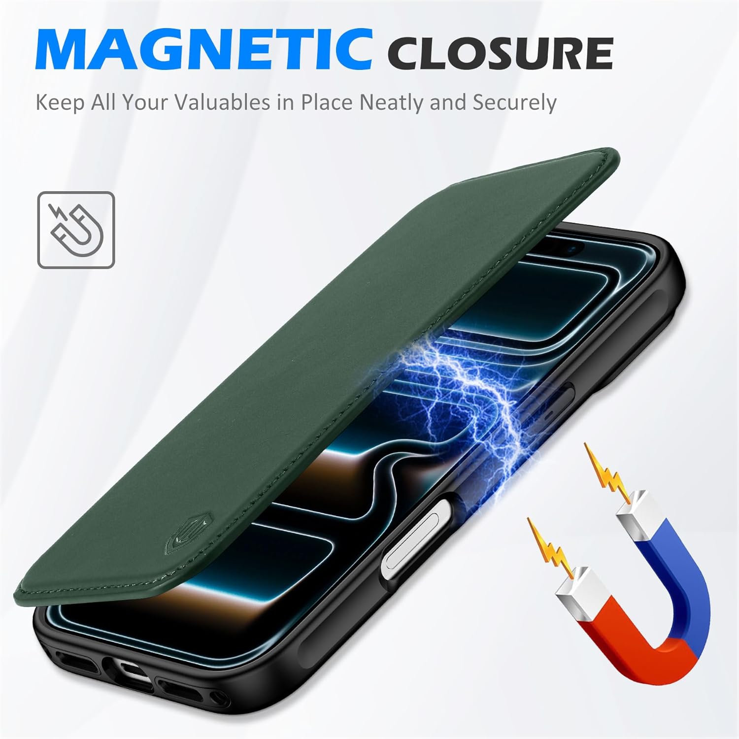 SHIELDON Genuine Leather Slim Wallet Case for iPhone 17 6.3" 5G 2025 | Wireless Charging, RFID Blocking Credit Card Holder, Flip Design, Magnetic Closure, Protective Phone Shell - Evergreen