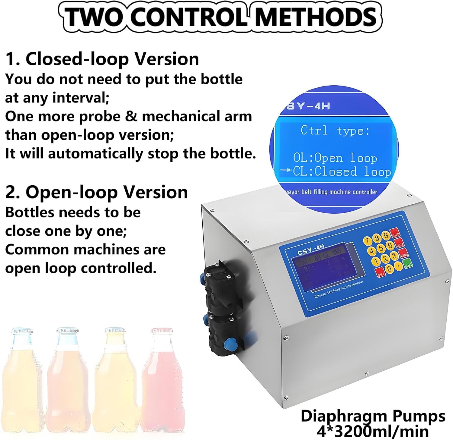 4-Nozzle Automatic Liquid Filling Machine for Bottles (0.34-16.91Oz) with Conveyor, LED Display, Sensor & Dual Control Modes - Efficient Liquid Filler for Juice, Oil, and More