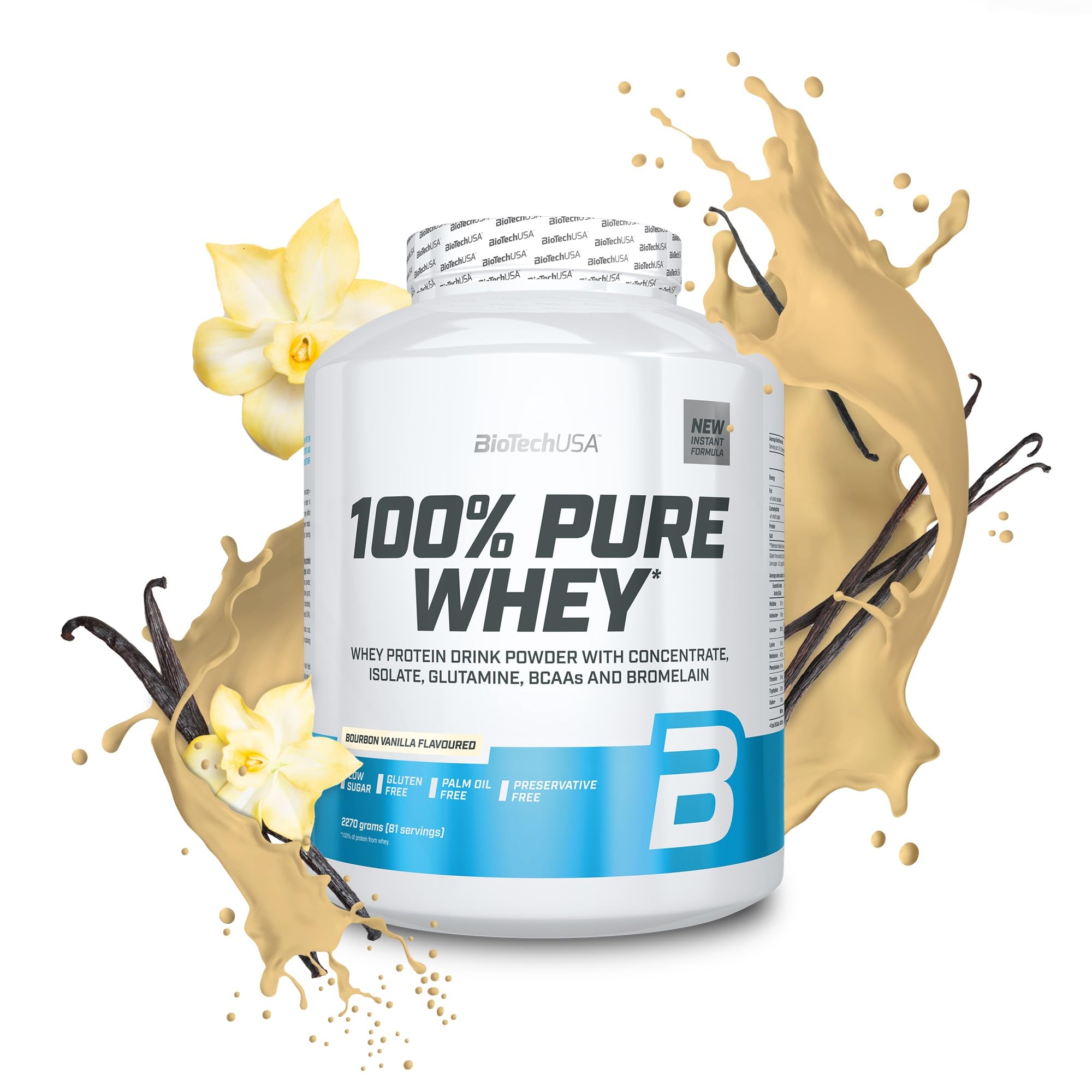 BioTechUSA100% Pure Whey | Protein Powder with BCAA and Glutamine | Gluten-Free, Palm Oil Free | 21g Protein per Serving, 2.27 kg, Bourbon Vanilla