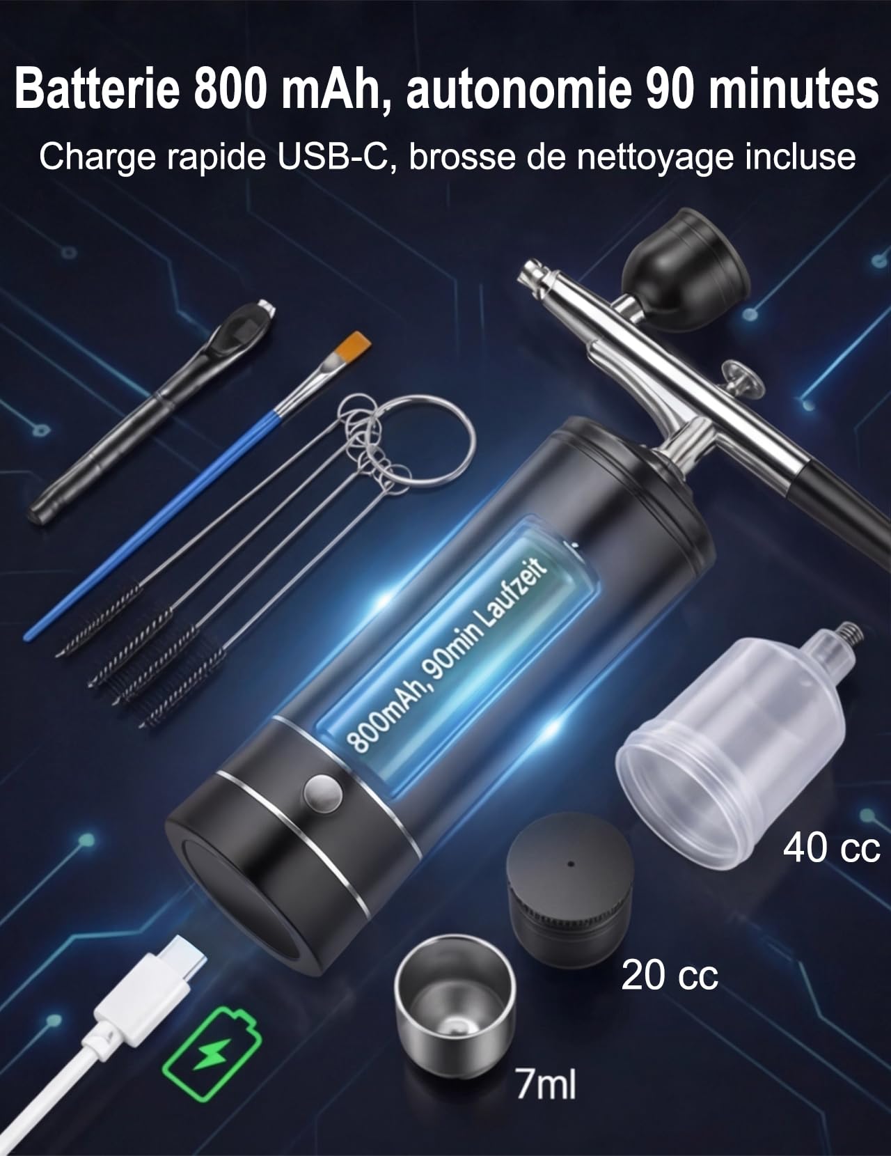 Kit aérographe avec compresseur sans fil, Standard | 800 mAh, 6-8 μ brume fine, 160-200 kPa, Double action, 3 gobelets Type-C pour nail art, maquillage, gâteaux, modélisme