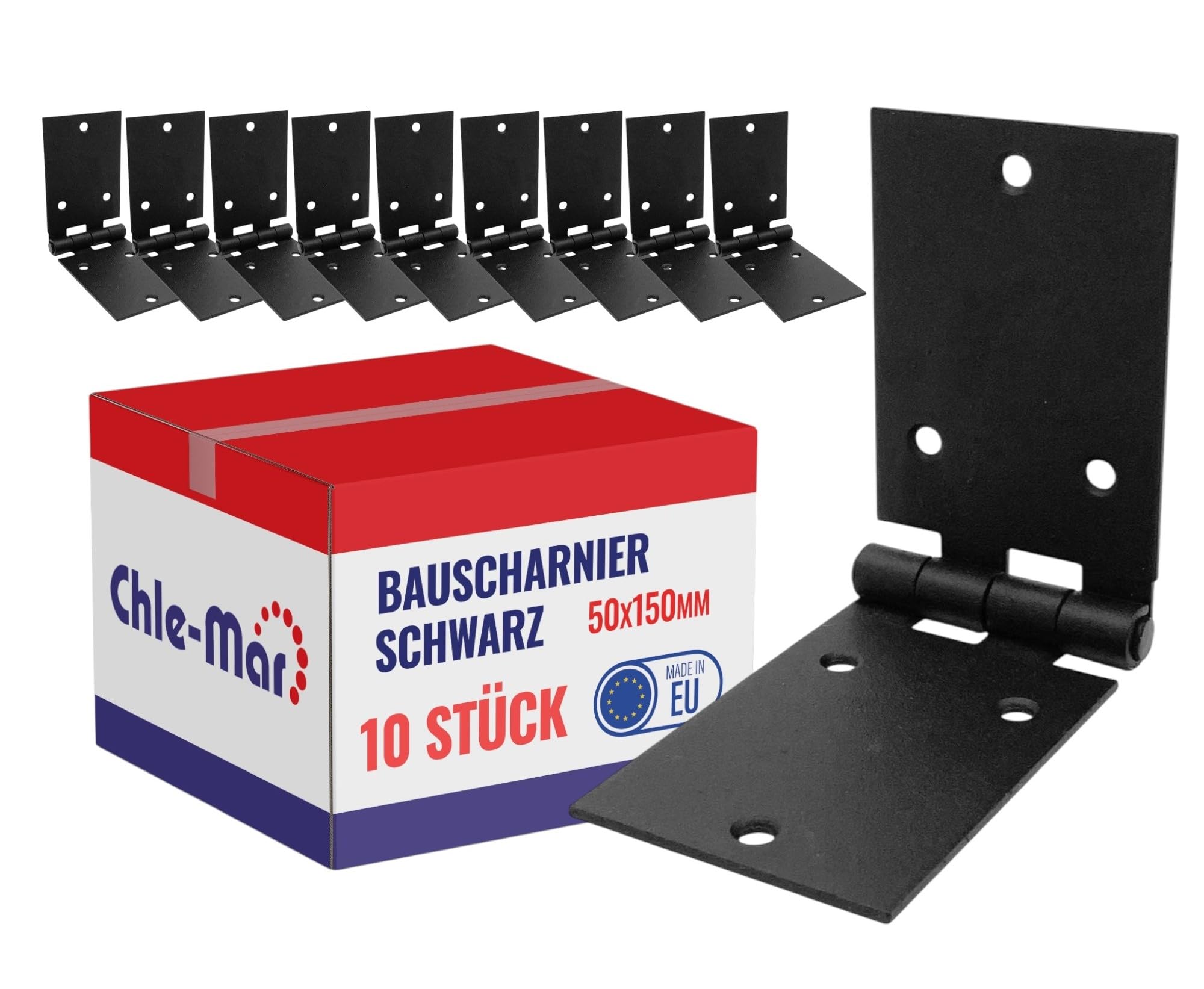 Chle-Mar - 10 x Hinges Heavy Duty Black 50 x 150 mm | Robust Door Hinge for Furniture & Wooden Doors | Sturdy Box Strap for Chests & Cabinets | Weatherproof & Durable for Indoor and Outdoor Use