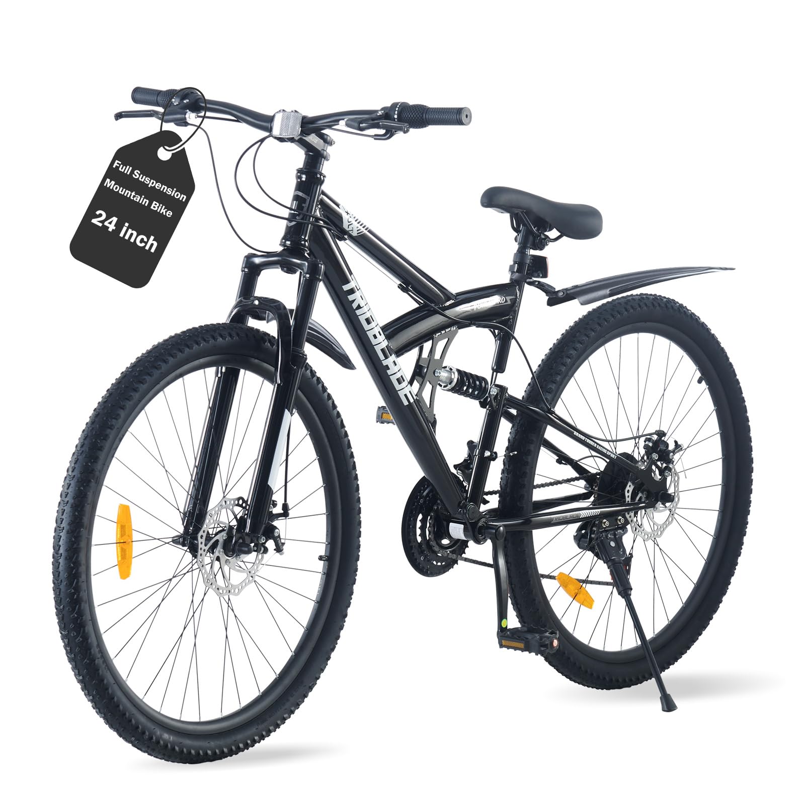 TRIOBLADE 20/24/26/27.5 Inch Full Suspension Mountain Bike for Adults Teens & Youth, Dual Shock MTB Dirt Bicycle, 7/21-Speed Gears, Mechanical Disc Brakes, High-Carbon Steel Frame (Black, 24inch)