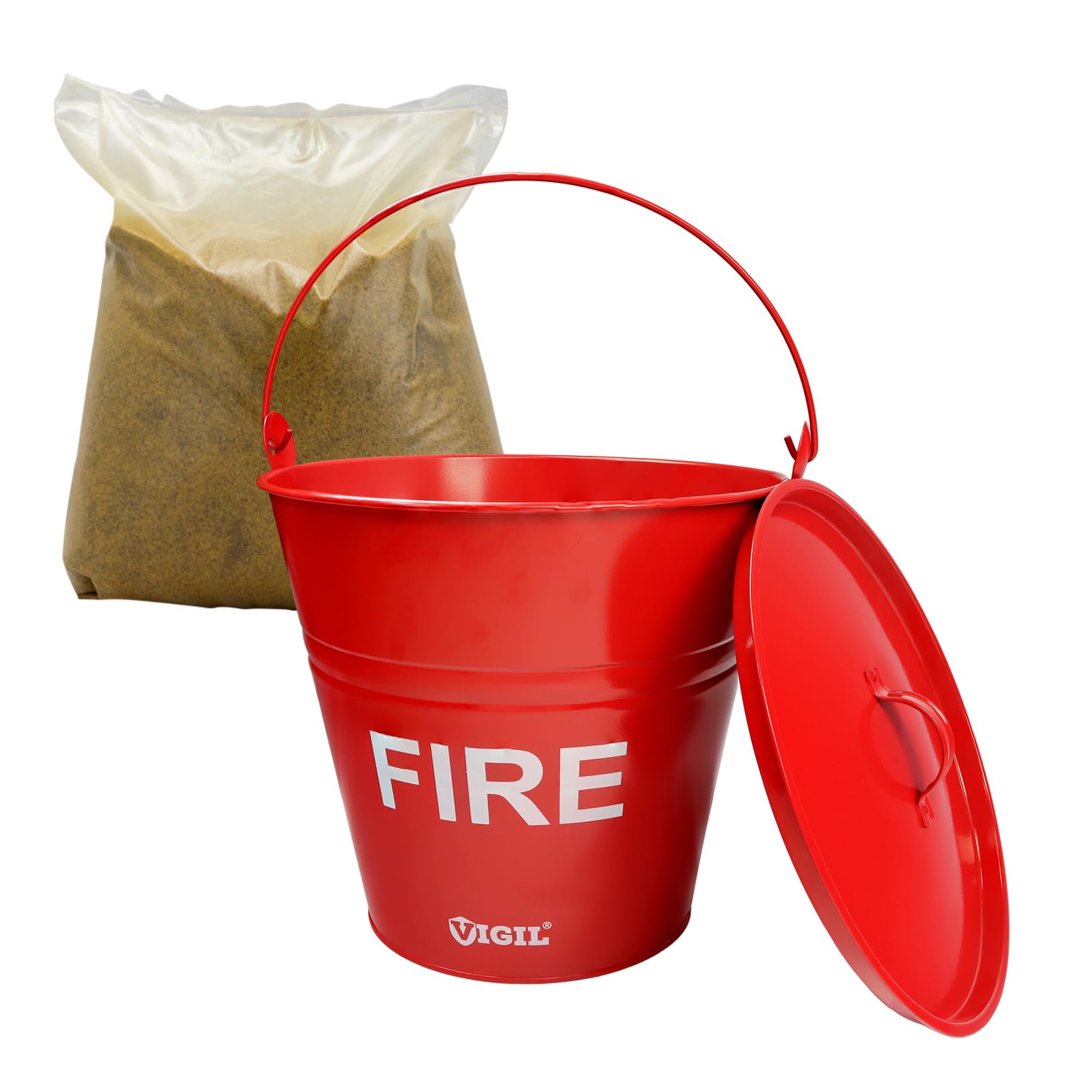 Vigil Yellow & Red Fire Safety Kit - Galvanised Red Metal Bucket With Lid & 12.5Kg Sand Bag - Fast Response Small Fire Suppression, Flammable Liquid Spill Control - Garage & Industrial Use