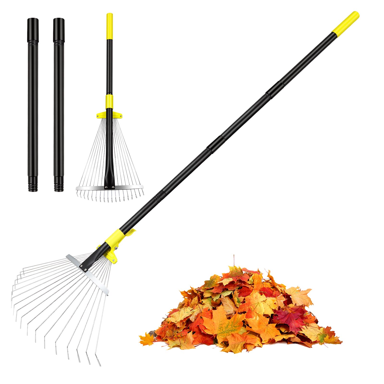 Byhargen Adjustable Metal Leaf Rake, Heavy Duty Garden Rake with Wide & Narrow Modes, Rustproof Steel Head, Adjustable Handle for Lawn Care, Yard Clean Up, and Mulch Spreading