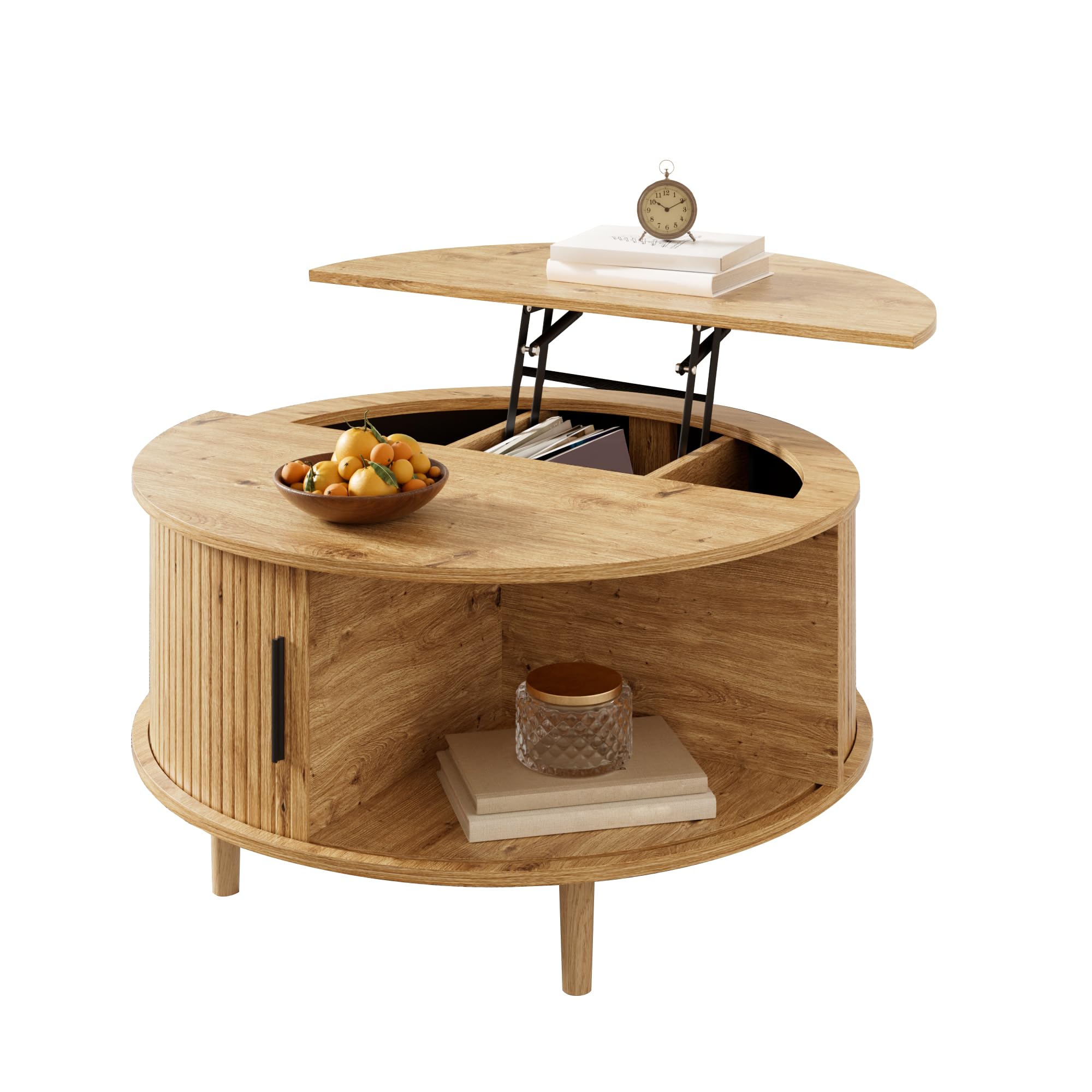 HAINEW Runder Couchtisch Wohnzimmertisch mit Höhenverstellbarer Tischplatte und Schiebetür, Sofatisch Beistelltisch Kaffeetisch mit Abgerundete Ecken, 80×80×59cm, HD26052604 (Eichenfarbe)